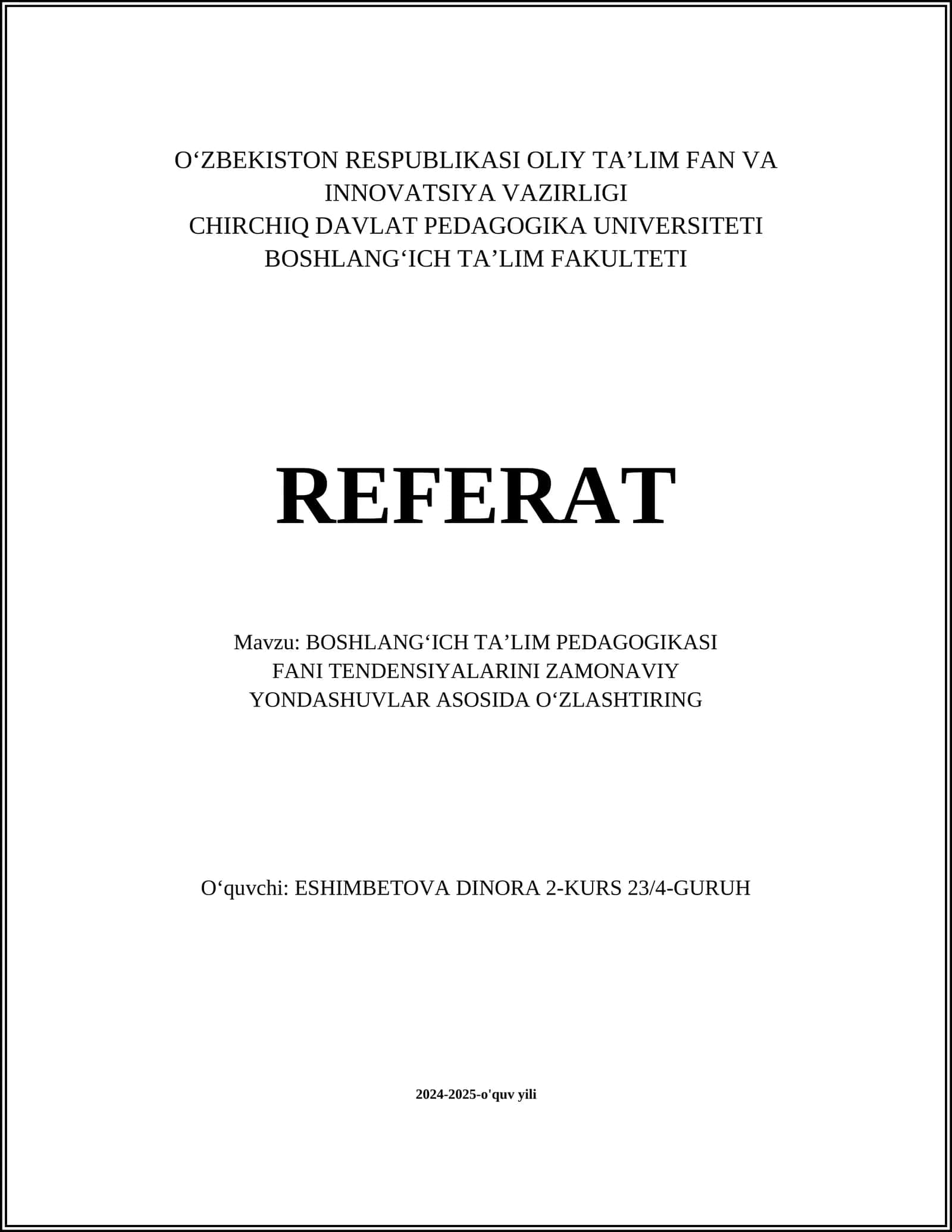 BOSHLANG'ICH TA'LIM PEDAGOGIKASI