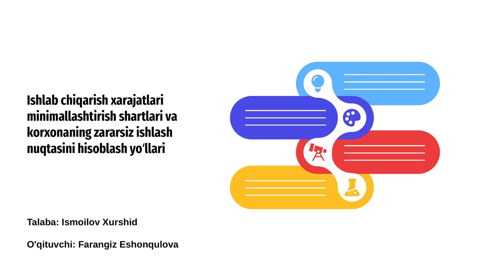 Ishlab chiqarish xarajatlari minimallashtirish shartlari va korxonaning zararsiz ishlash nuqtasini hisoblash yoʻllari