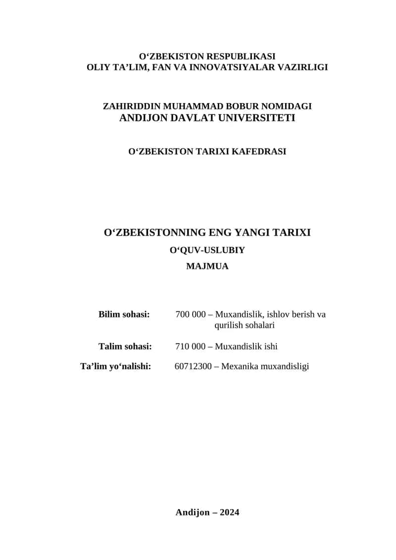 O‘ZBEKISTONNING ENG YANGI TARIXI O‘QUV-USLUBIY MAJMUA