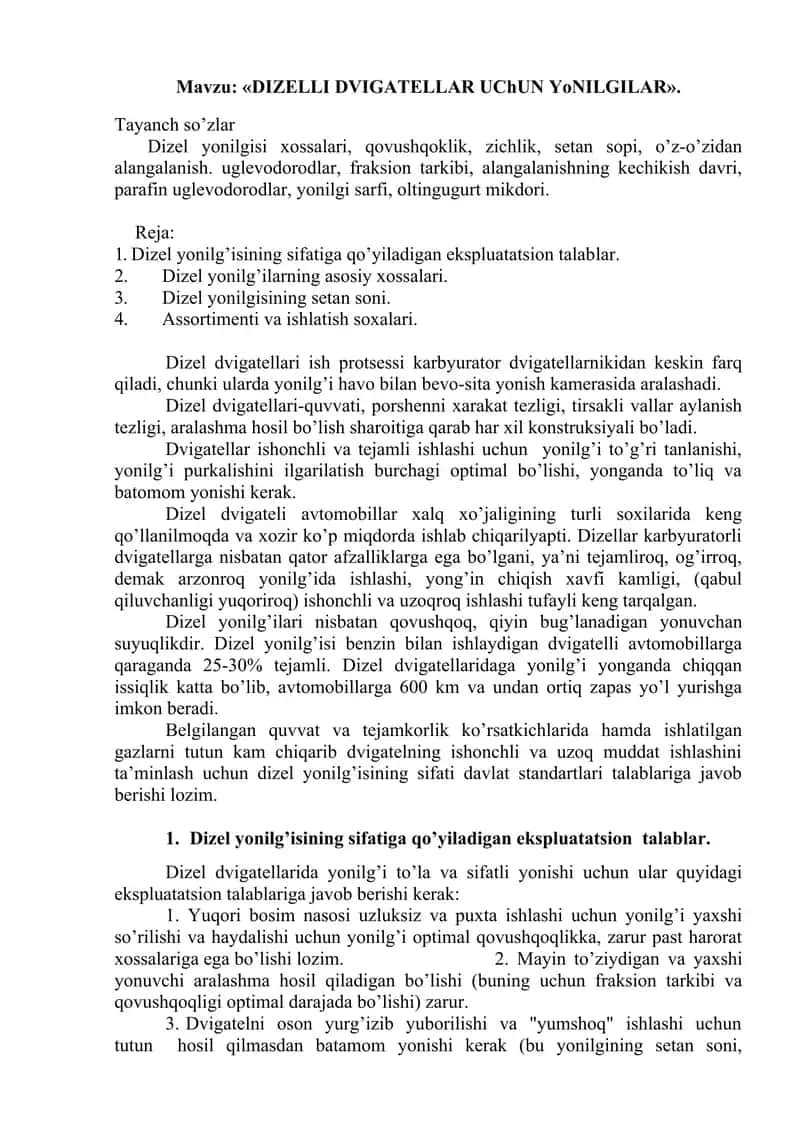 DIZELLI DVIGAТELLAR UChUN YoNILGILAR