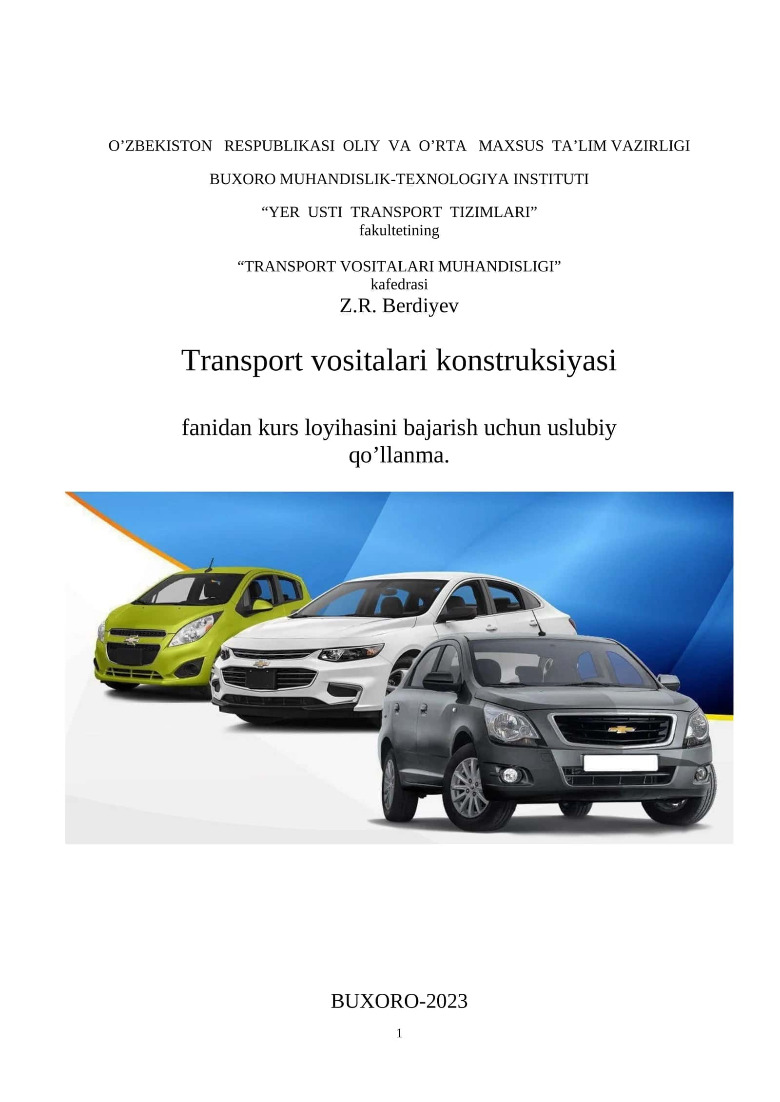 Transport vositalari konstruksiyasi fanidan kurs loyihasi
