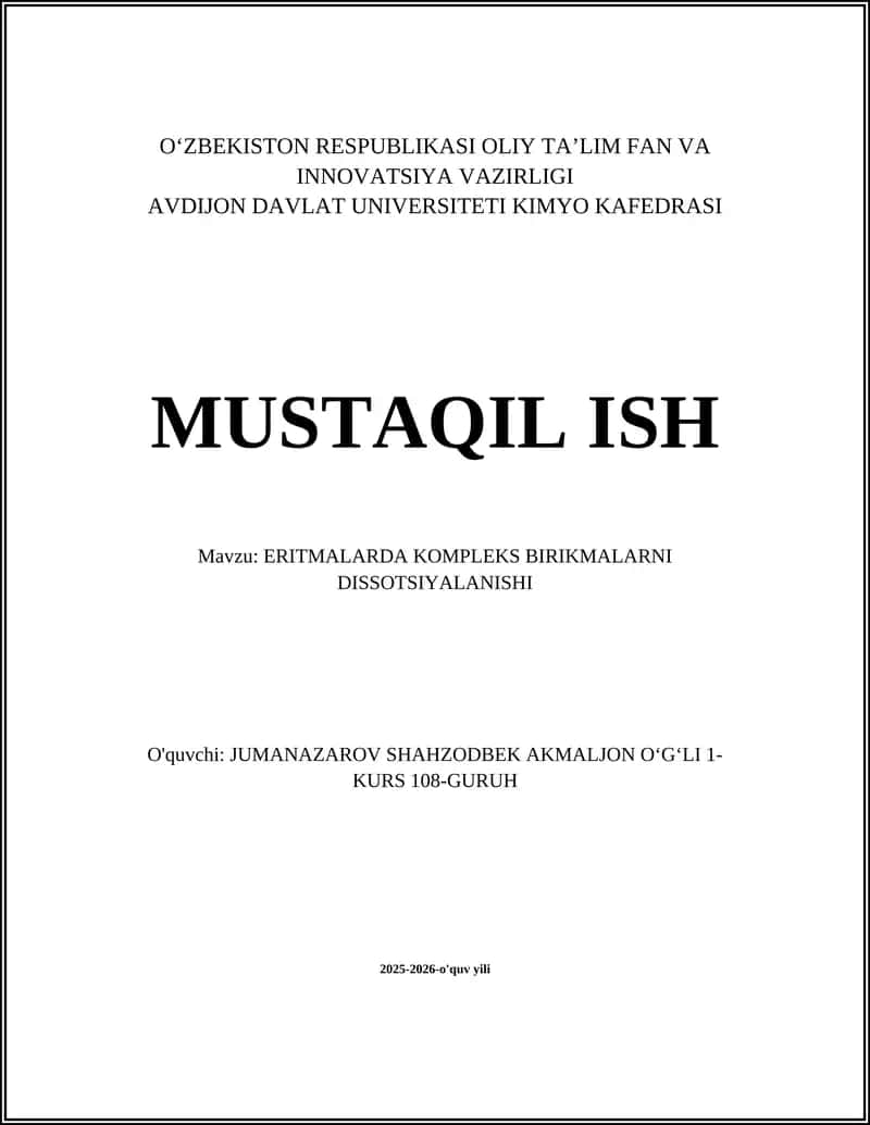 ERITMALARDA KOMPLEKS BIRIKMALARNI DISSOTSIYALANISHI