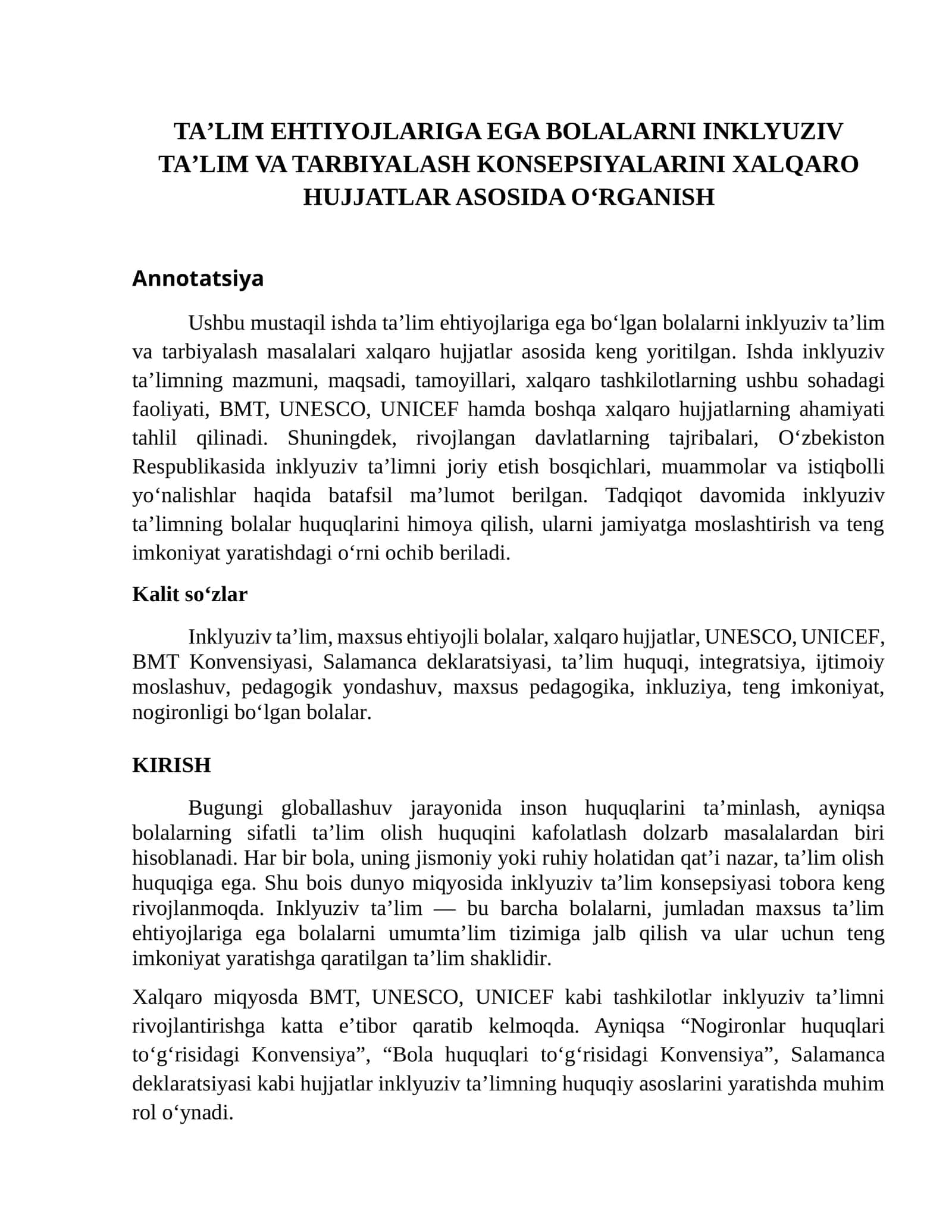 TAʼLIM EHTIYOJLARIGA EGA BOLALARNI INKLYUZIV TAʼLIM VA TARBIYALASH KONSEPSIYALARINI XALQARO HUJJATLAR ASOSIDA O‘RGANISH