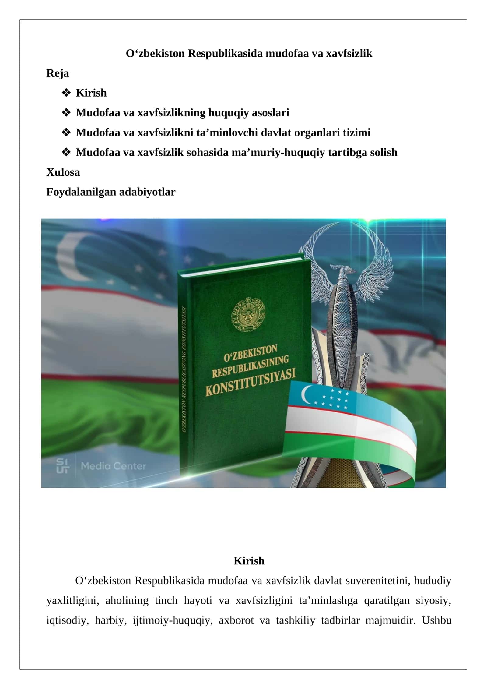 O‘zbekiston Respublikasida mudofaa va xavfsizlik