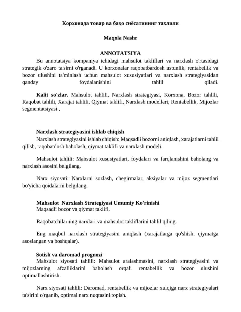 Mahsulot va xizmatlarini narxlandirish