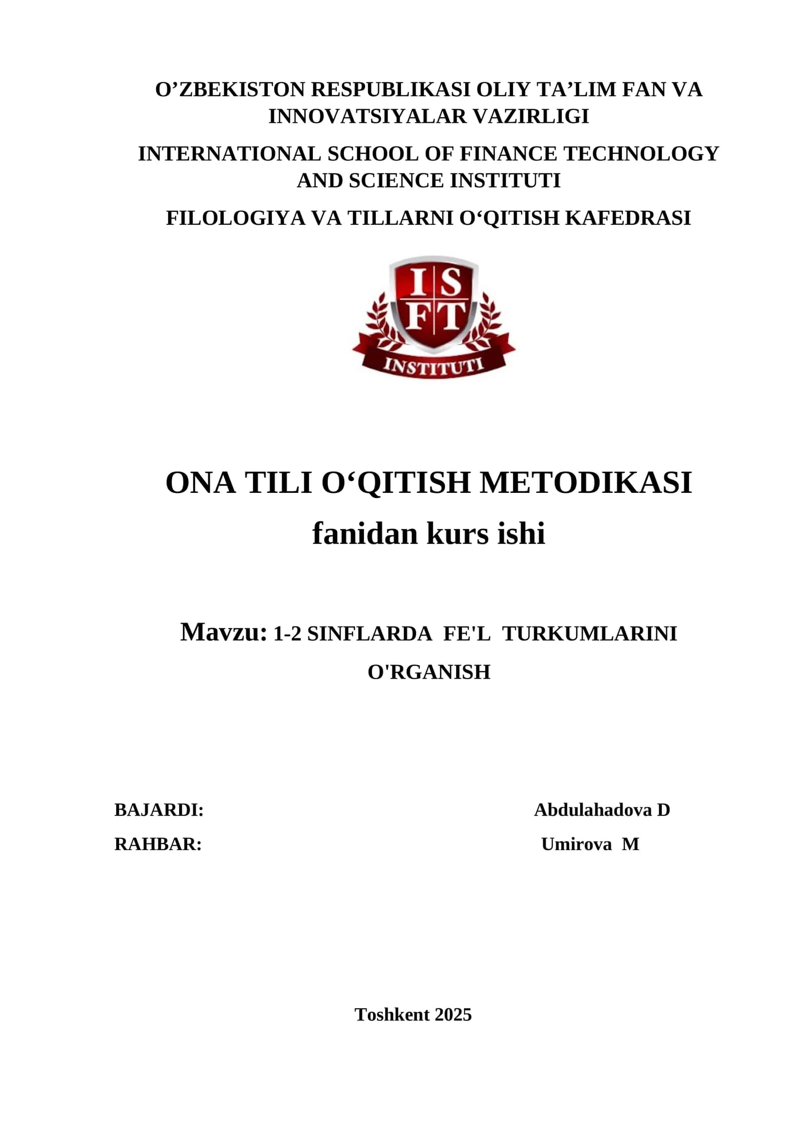 1-2 SINFLARDA FE'L TURKUMLARINI O'RGANISH. KURS ISHI