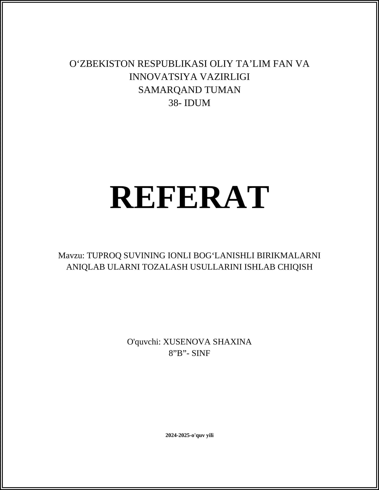 TUPROQ SUVINING IONLI BOGʻLANISHLI BIRIKMALARNI ANIQLAB ULARNI TOZALASH USULLARINI ISHLAB CHIQISH