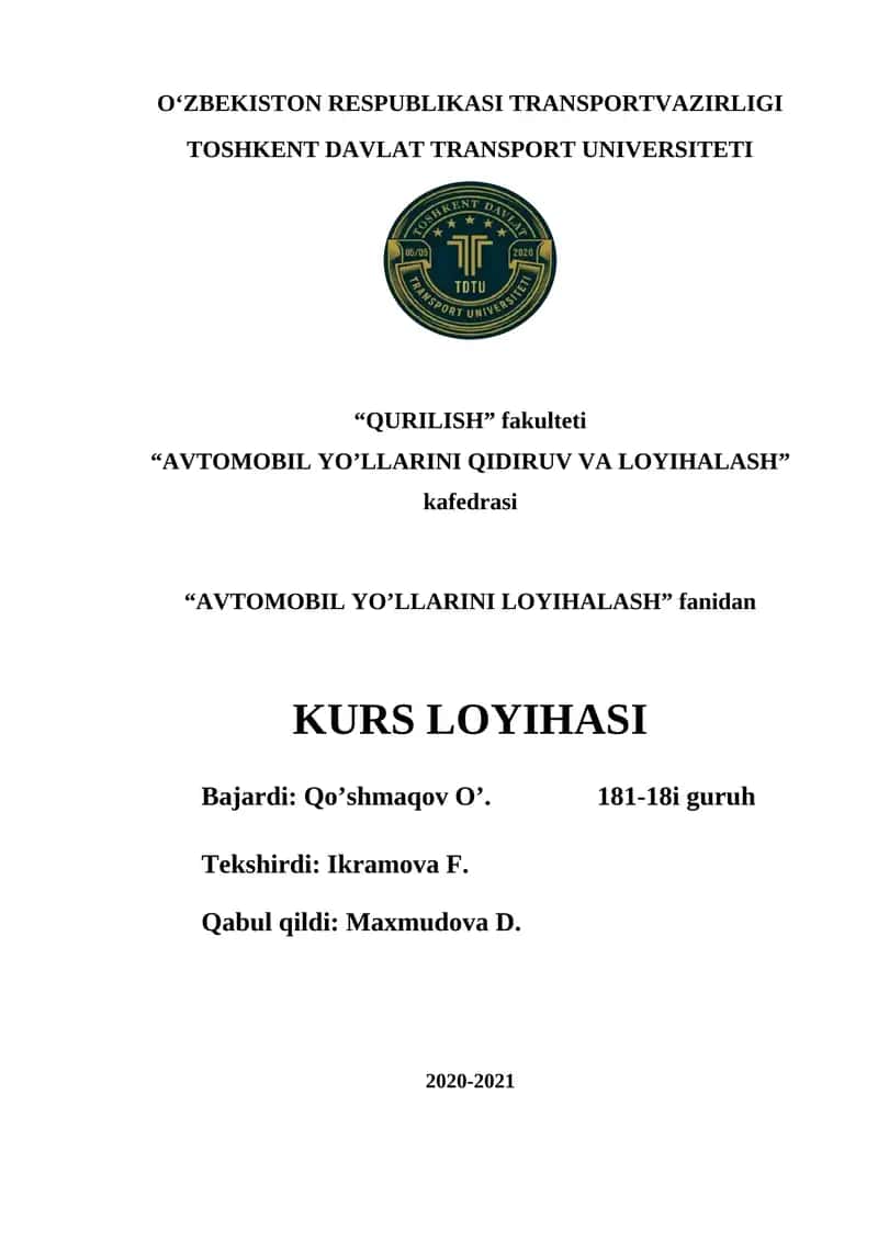AVTOMOBIL YO’LLARINI LOYIHALASH