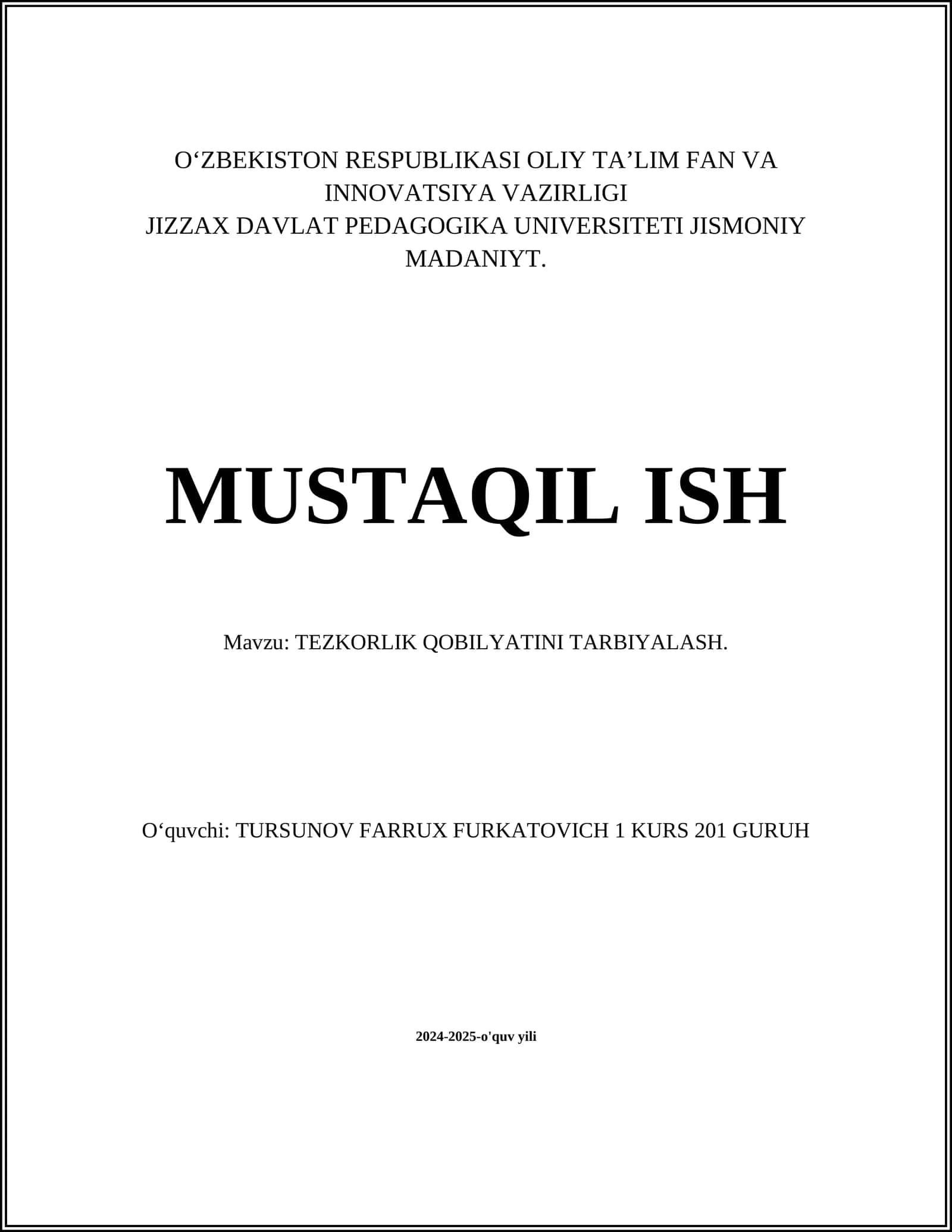 TEZKORLIK QOBILYATINI TARBIYALASH