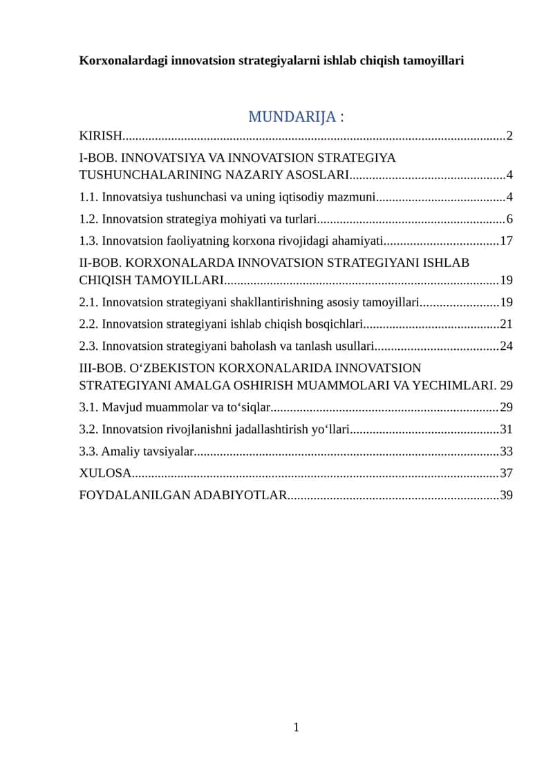 Korxonalardagi innovatsion strategiyalarni ishlab chiqish tamoyillari