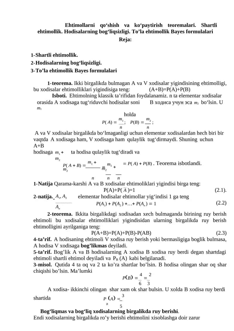 Shartli ehtimollik va Bayes formulalari