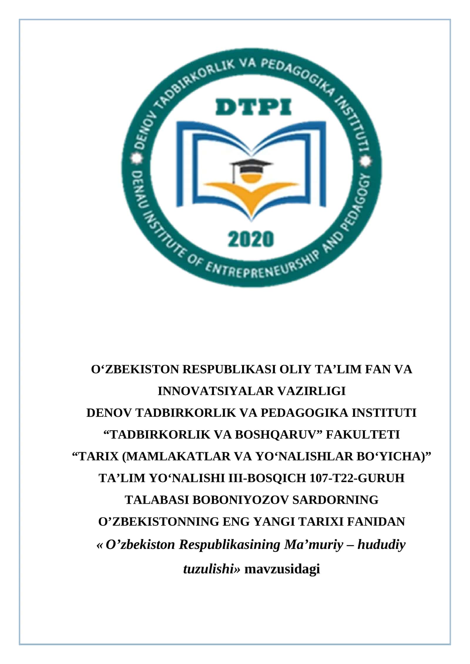 O’zbekiston Respublikasining Ma’muriy – hududiy tuzulishi