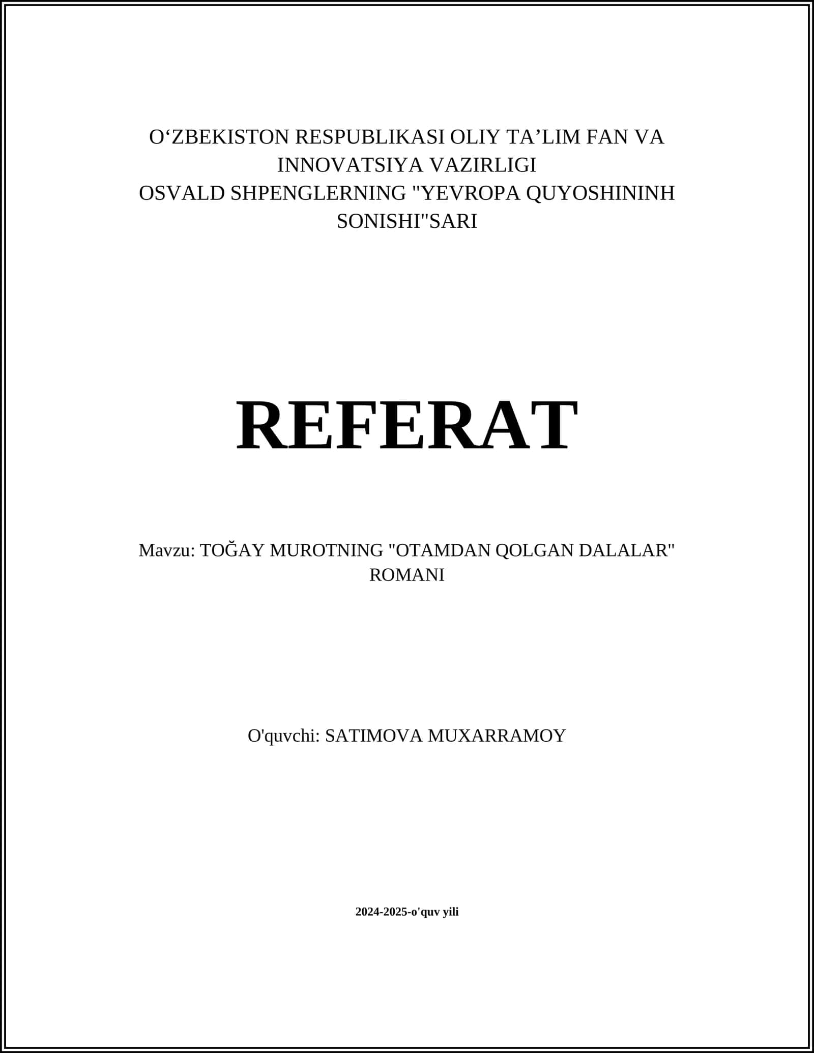 TOĞAY MUROTNING "OTAMDAN QOLGAN DALALAR" ROMANI