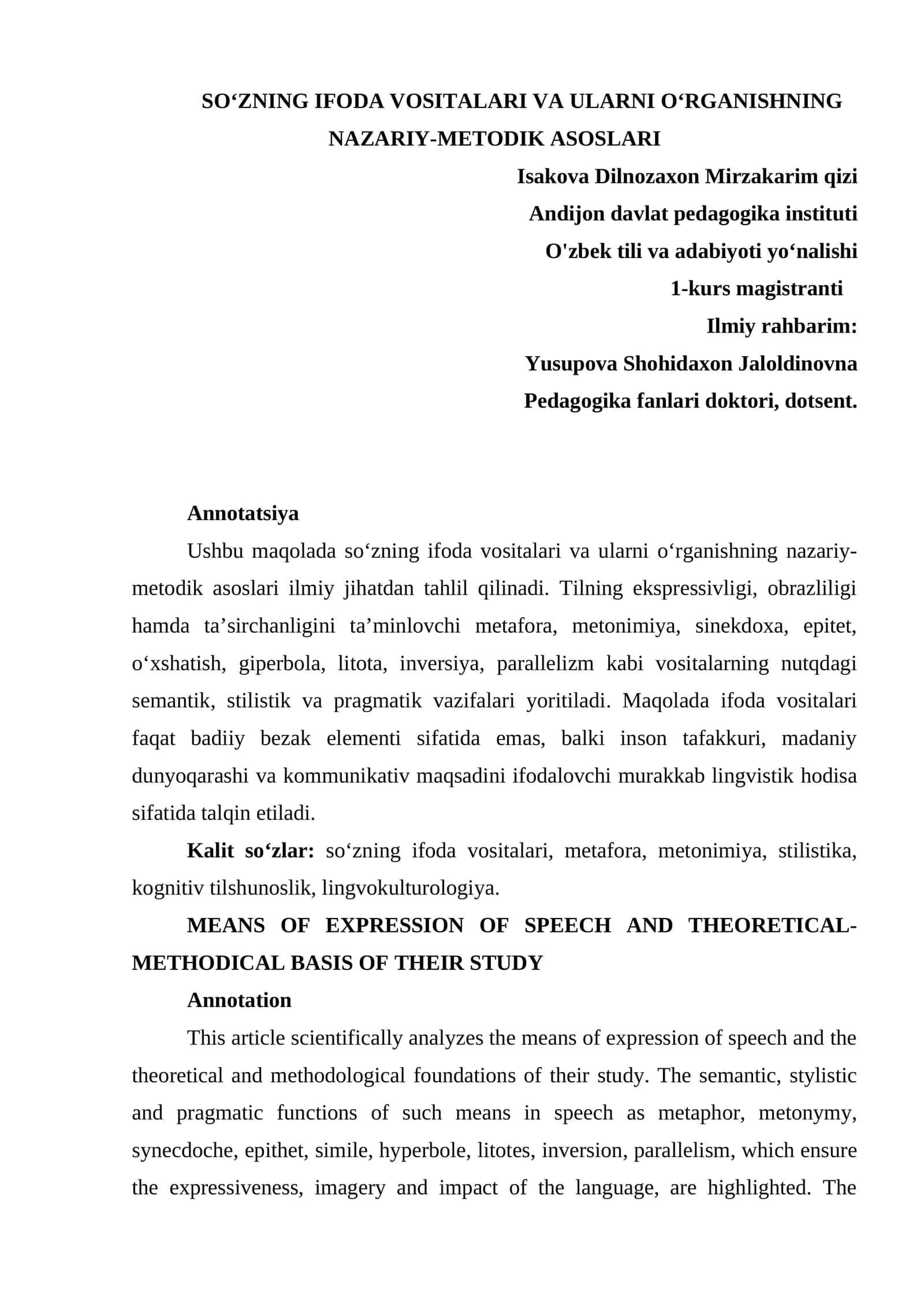 SO‘ZNING IFODA VOSITALARI VA ULARNI O‘RGANISHNING NAZARIY-METODIK ASOSLARI