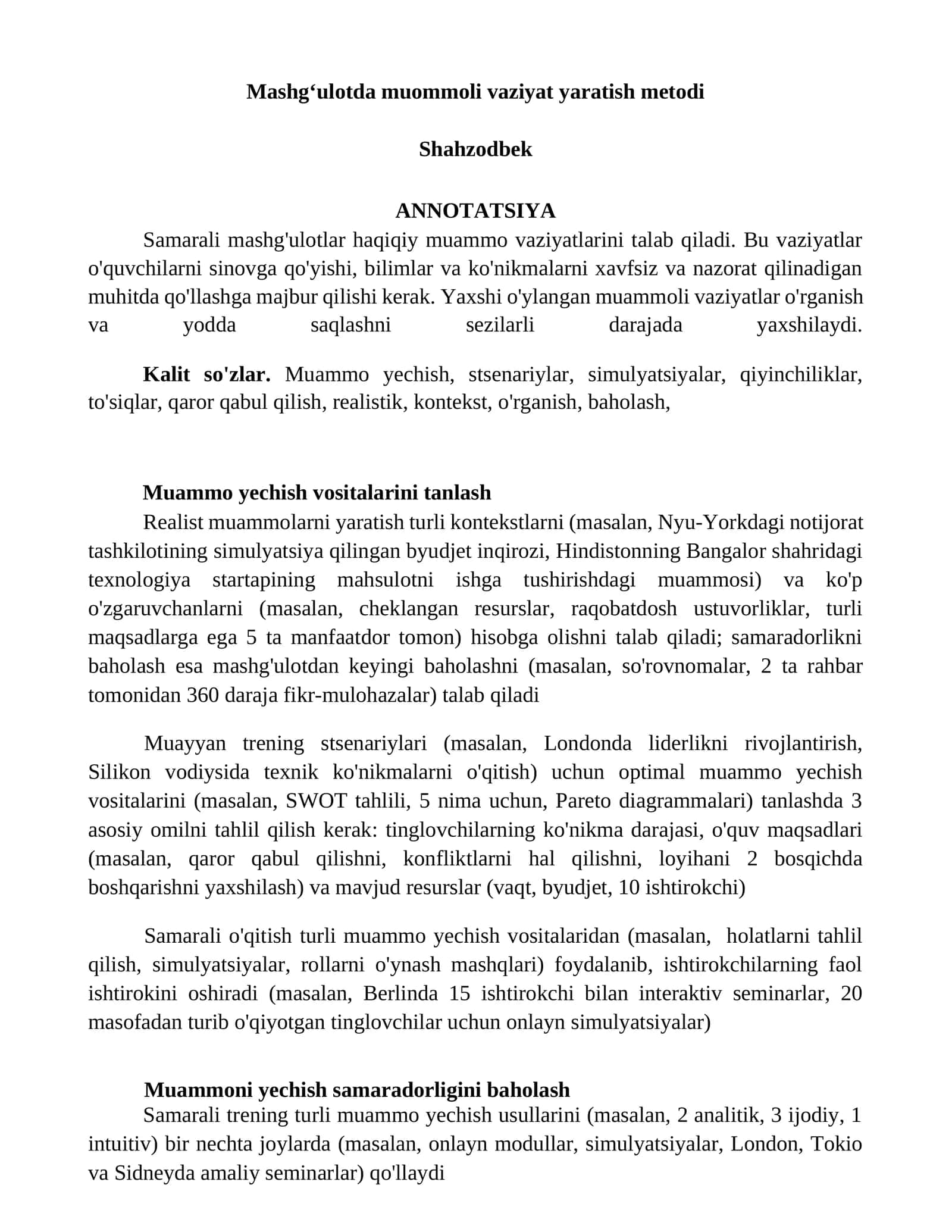 Mashgʻulotda muommoli vaziyat yaratish metodi