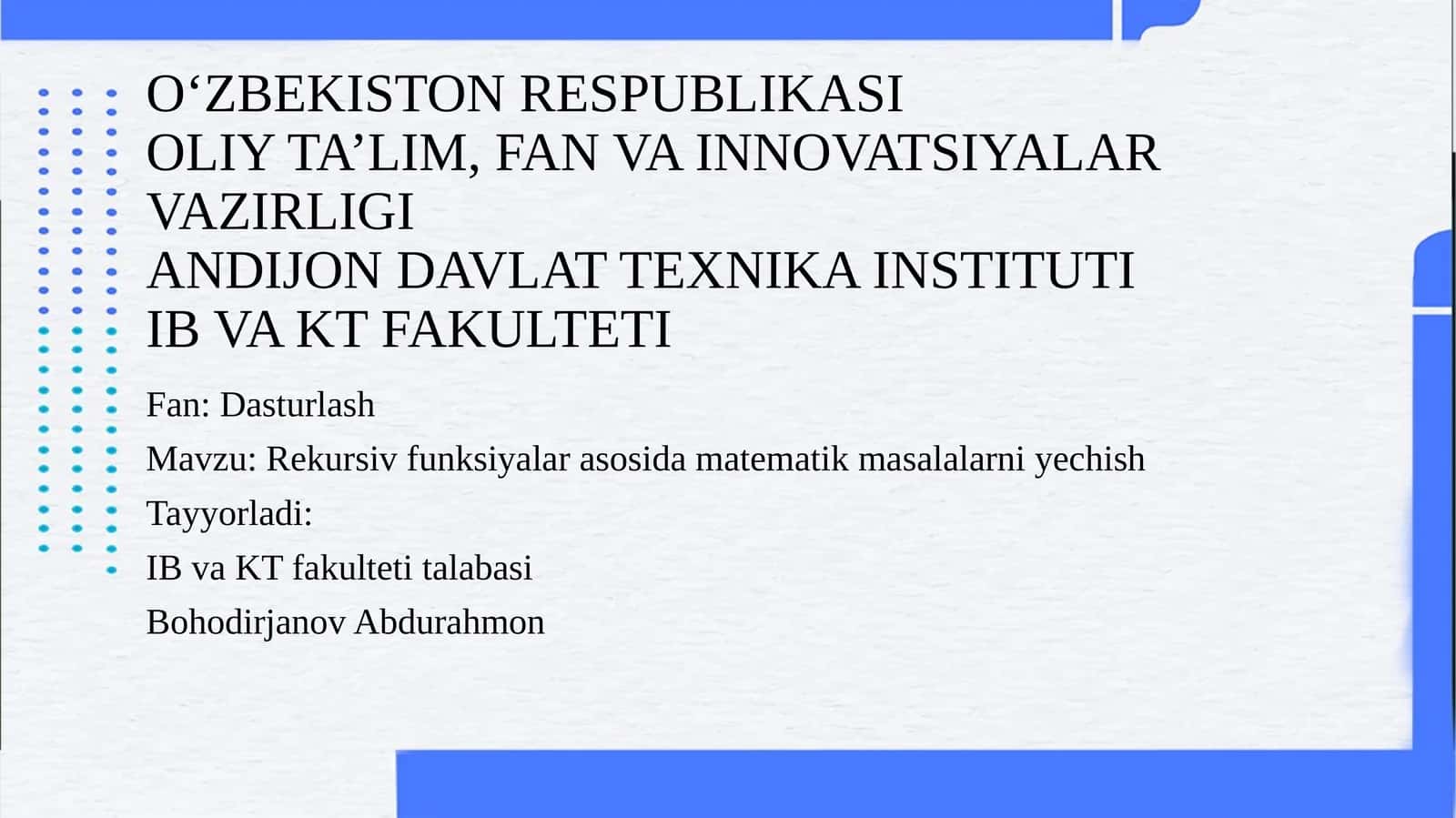 Rekursiv funksiyalar asosida matematik masalalarni yechish