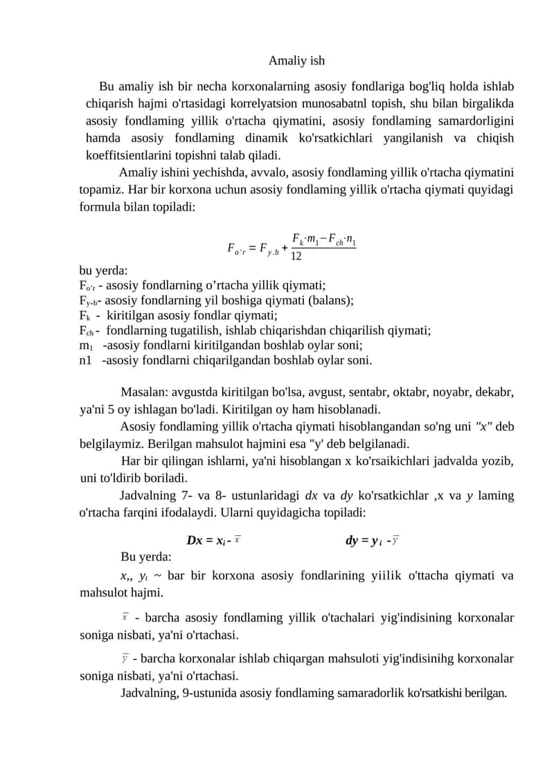 Asosiy fondlarning yillik o'rtacha qiymati