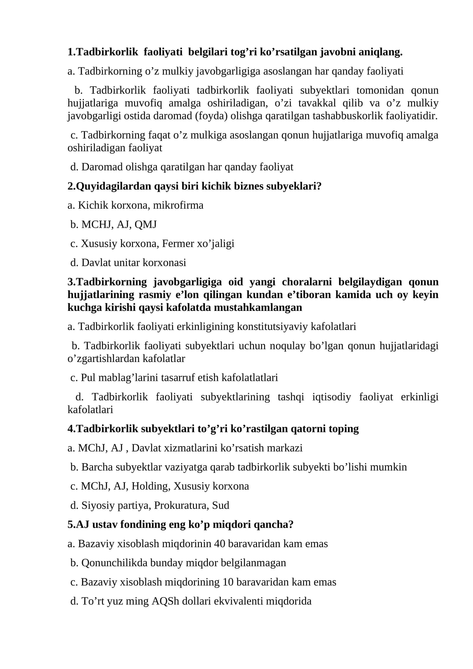 Tadbirkorlik faoliyati belgilari