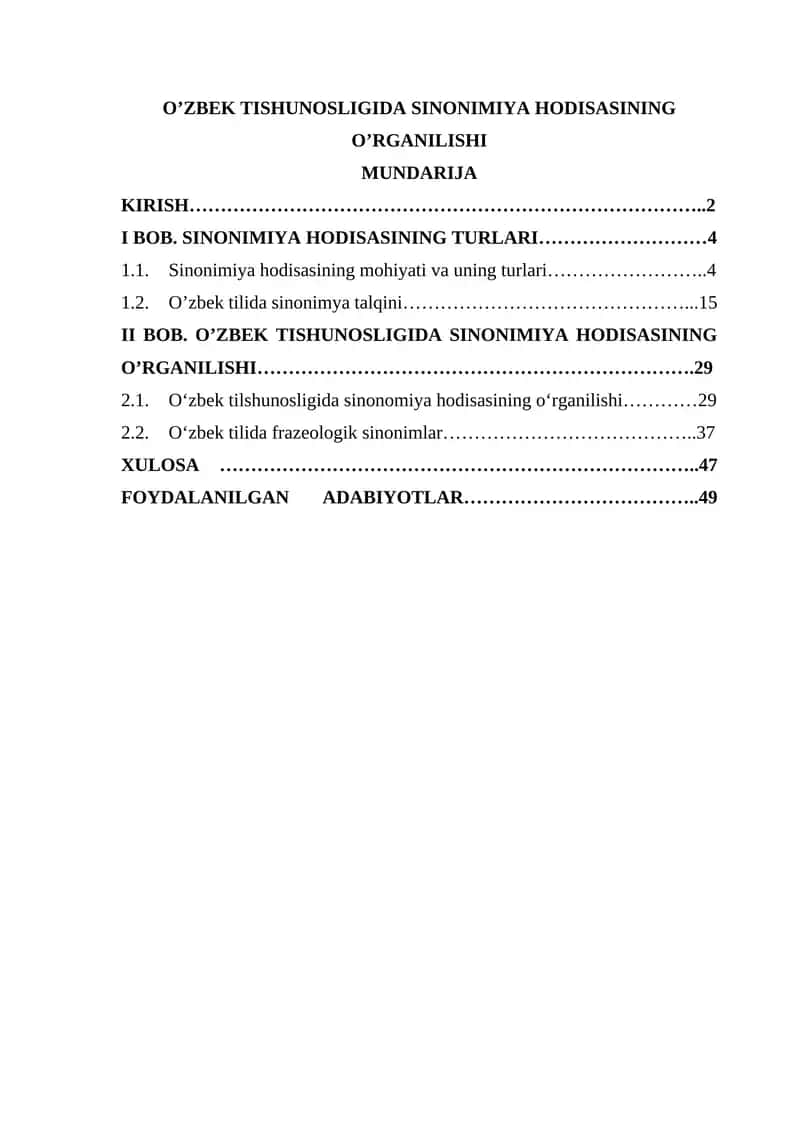 O’ZBEK TISHUNOSLIGIDA SINONIMIYA HODISASINING O’RGANILISHI
