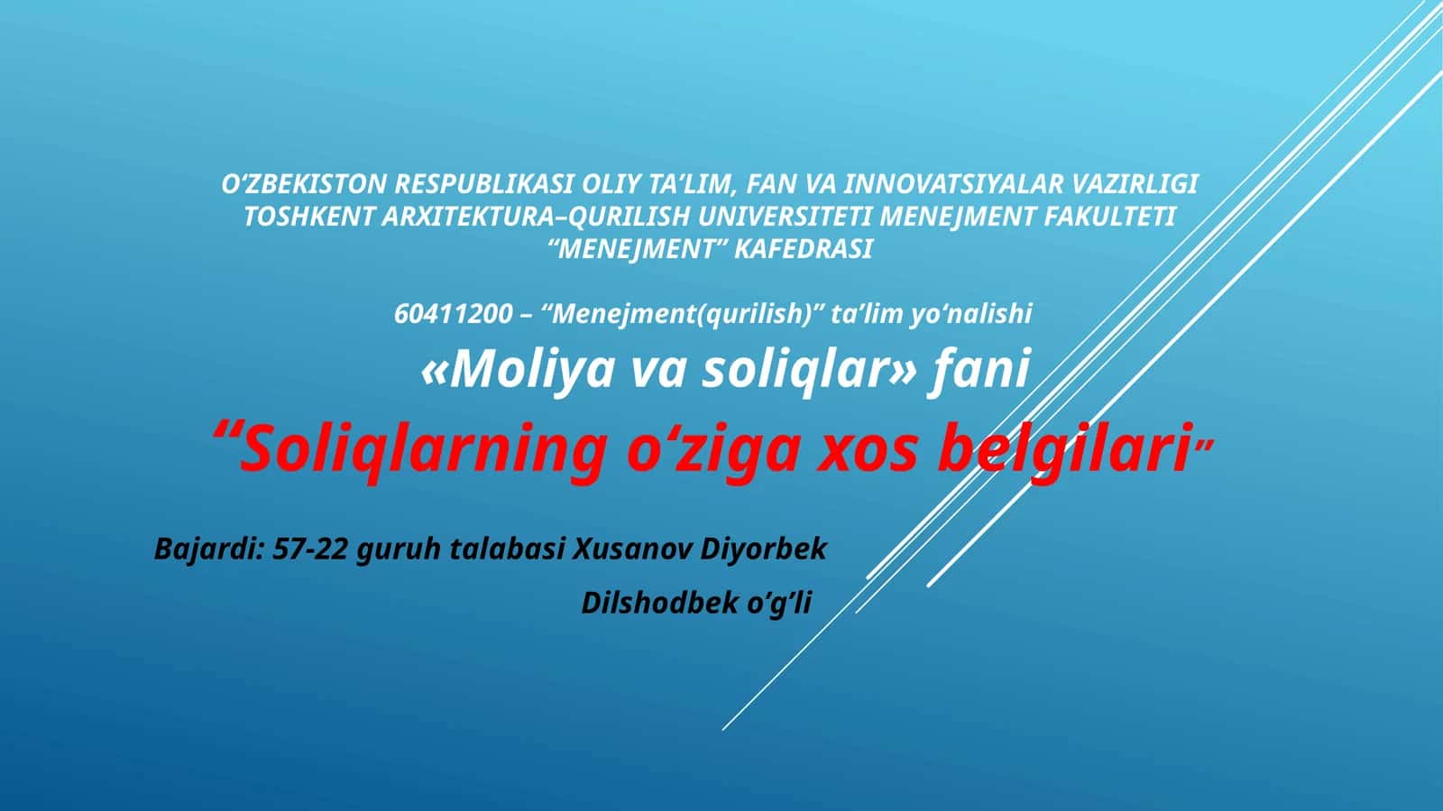 Soliqlarning o‘zigaxos belgilari