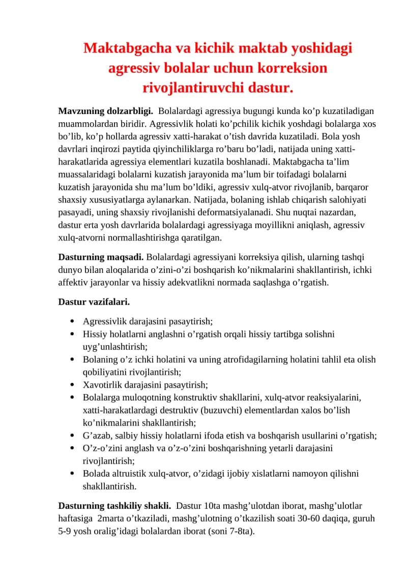 Maktabgacha va kichik maktab yoshidagi agressiv bolalar uchun korreksion rivojlantiruvchi dastur