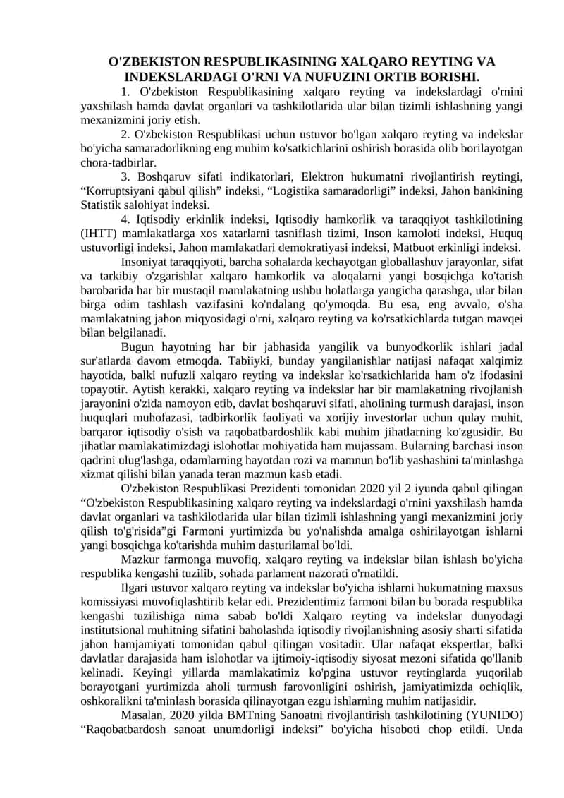 O'zbekiston Respublikasining Xalqaro Reyting va Indekslardagi O'rni va Nufuzini Ortib Borishi