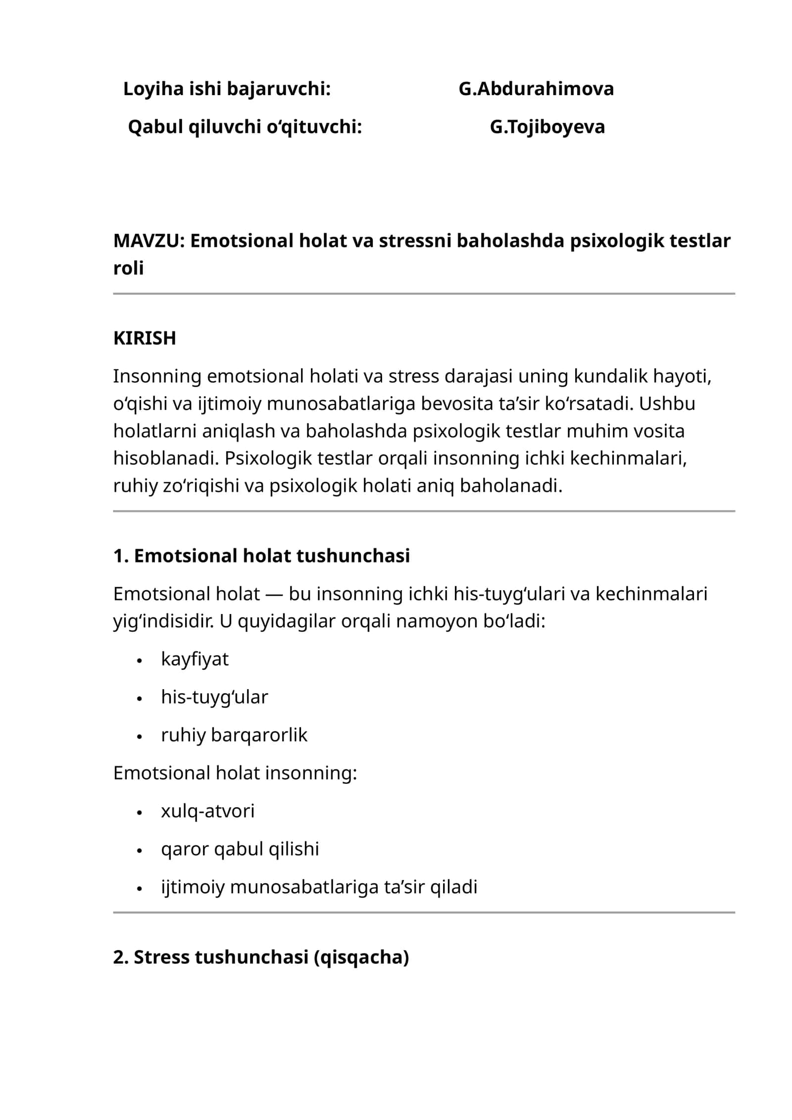 Emotsional holat va stressni baholashda psixologik testlar roli