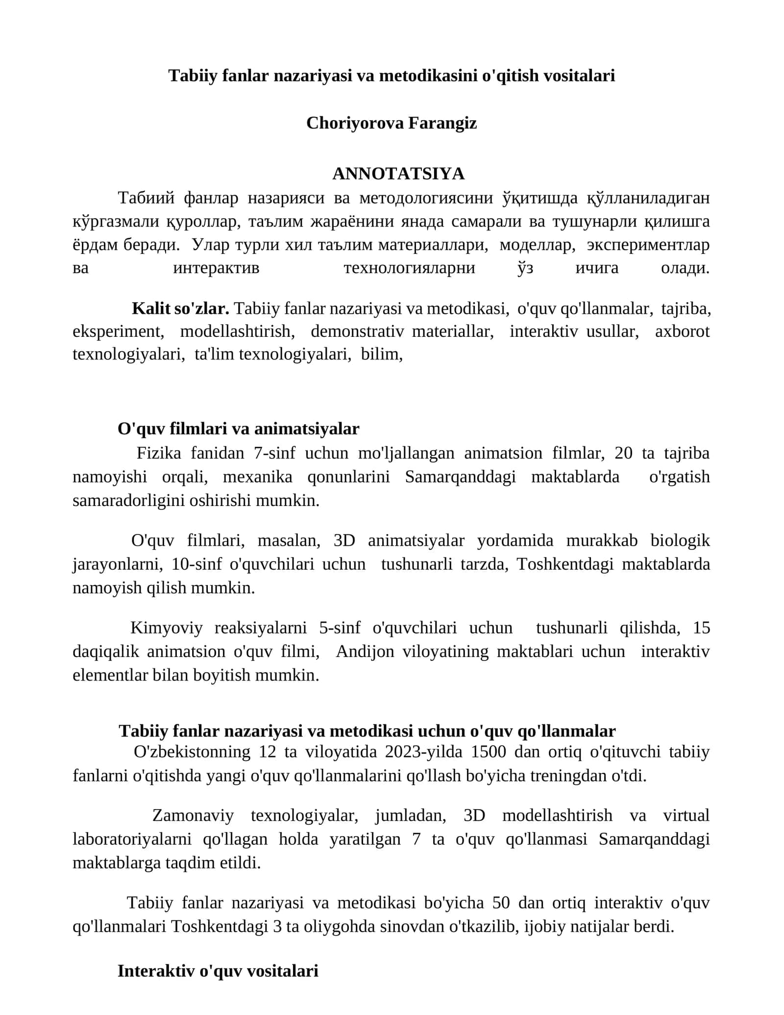 Tabiiy fanlar nazariyasi va metodikasini o'qitish vositalari