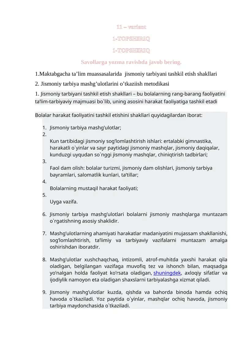 Jismoniy Tarbiya Mashg'ulotlari
