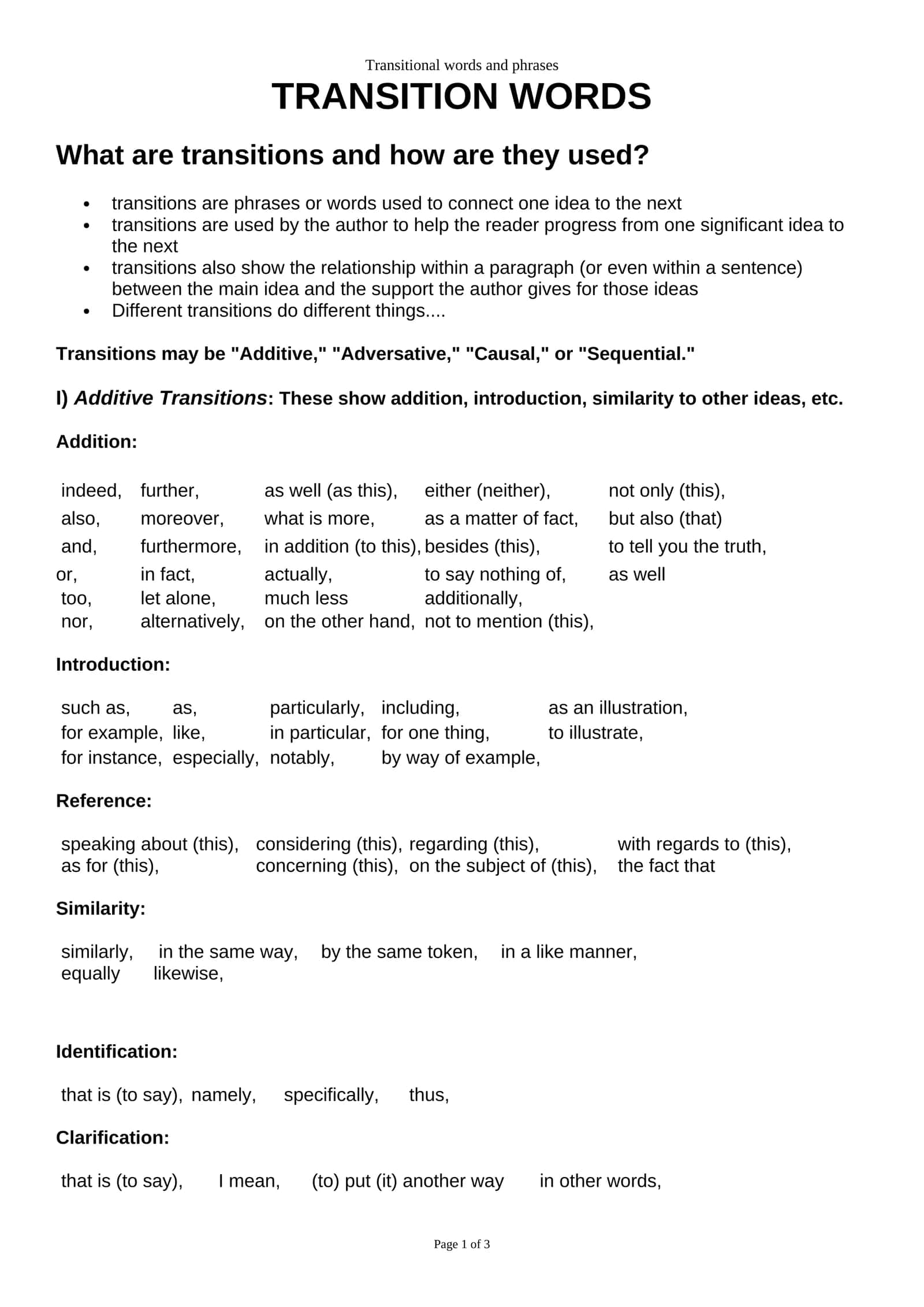 Transitional words and phrases