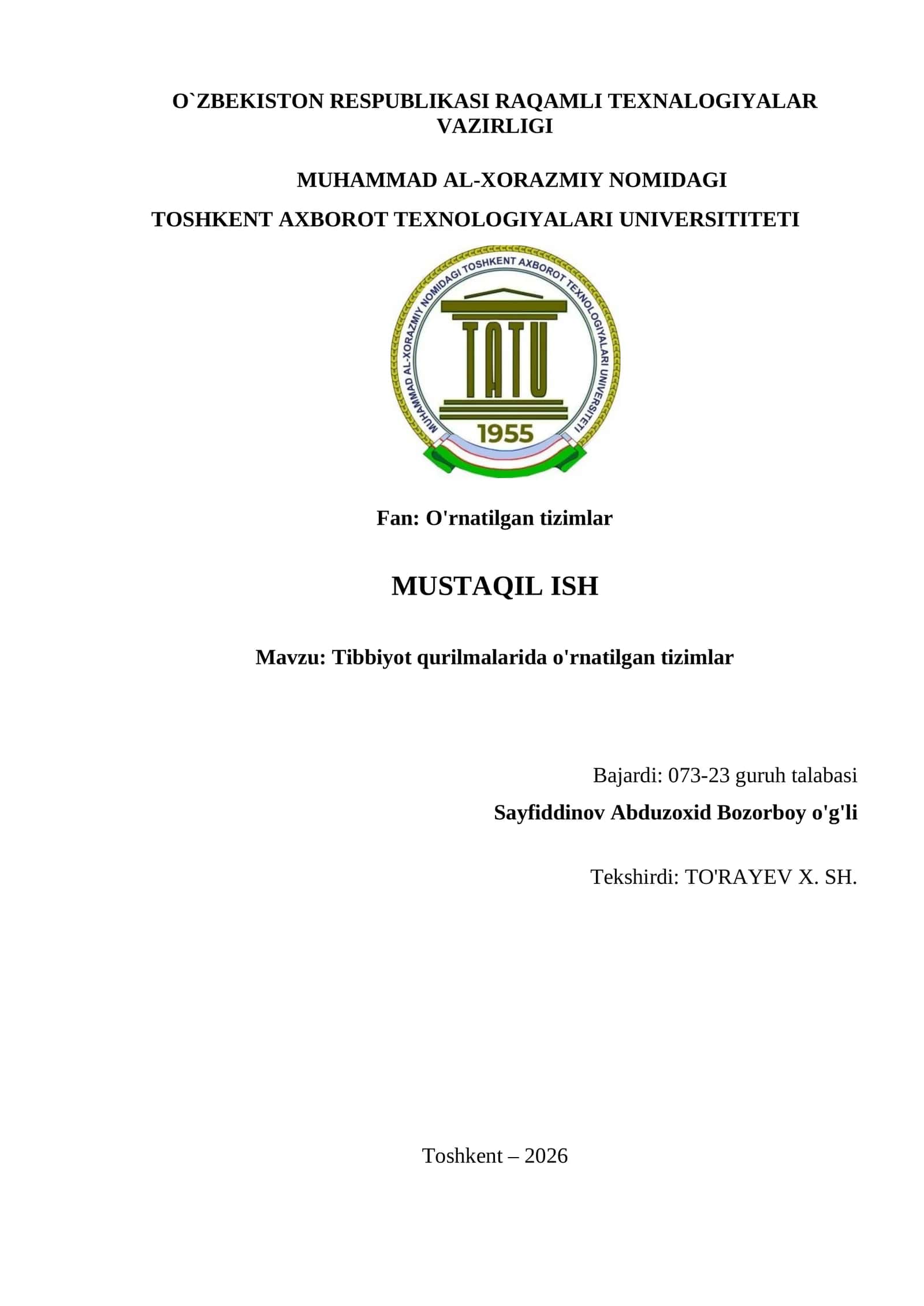 Tibbiyot qurilmalarida o'rnatilgan tizimlar