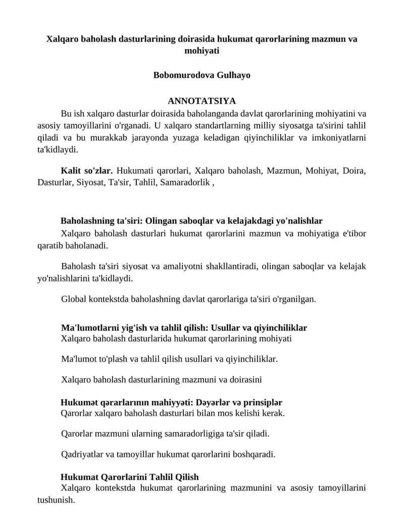 Xalqaro baholash dasturlarining doirasida hukumat qarorlarining mazmun va mohiyati