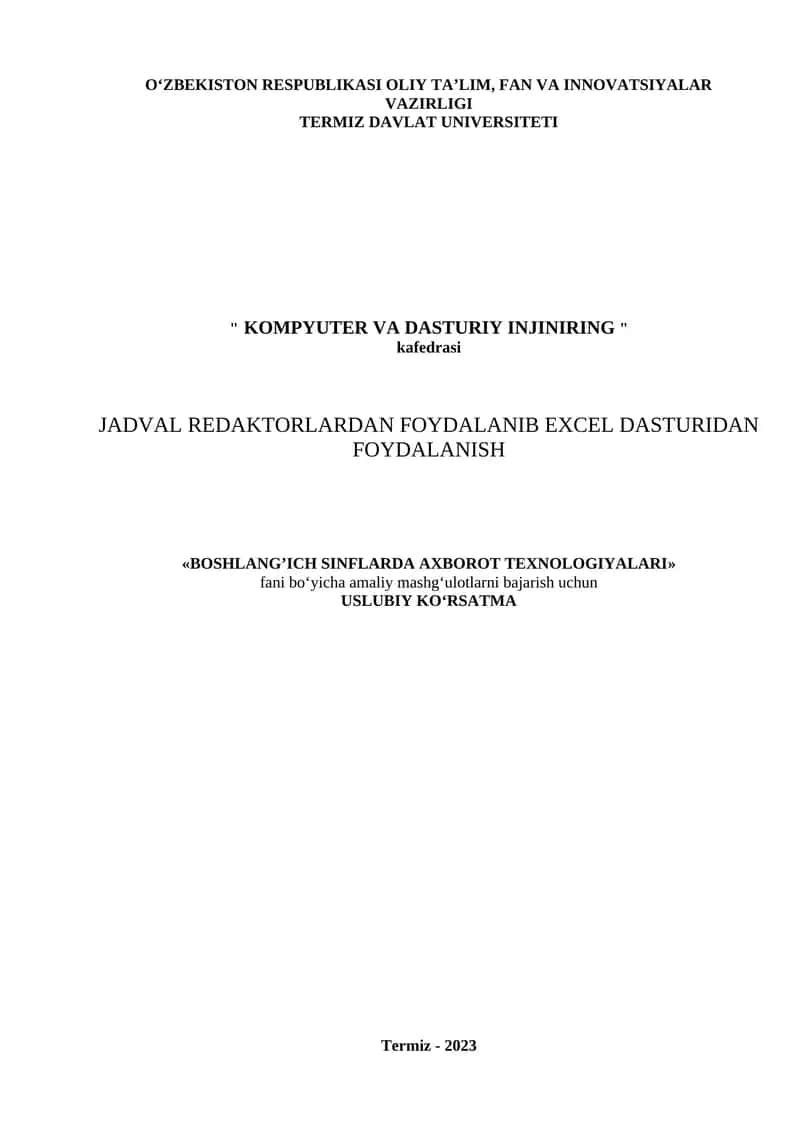JADVAL REDAKTORLARDAN FOYDALANIB EXCEL DASTURIDAN FOYDALANISH