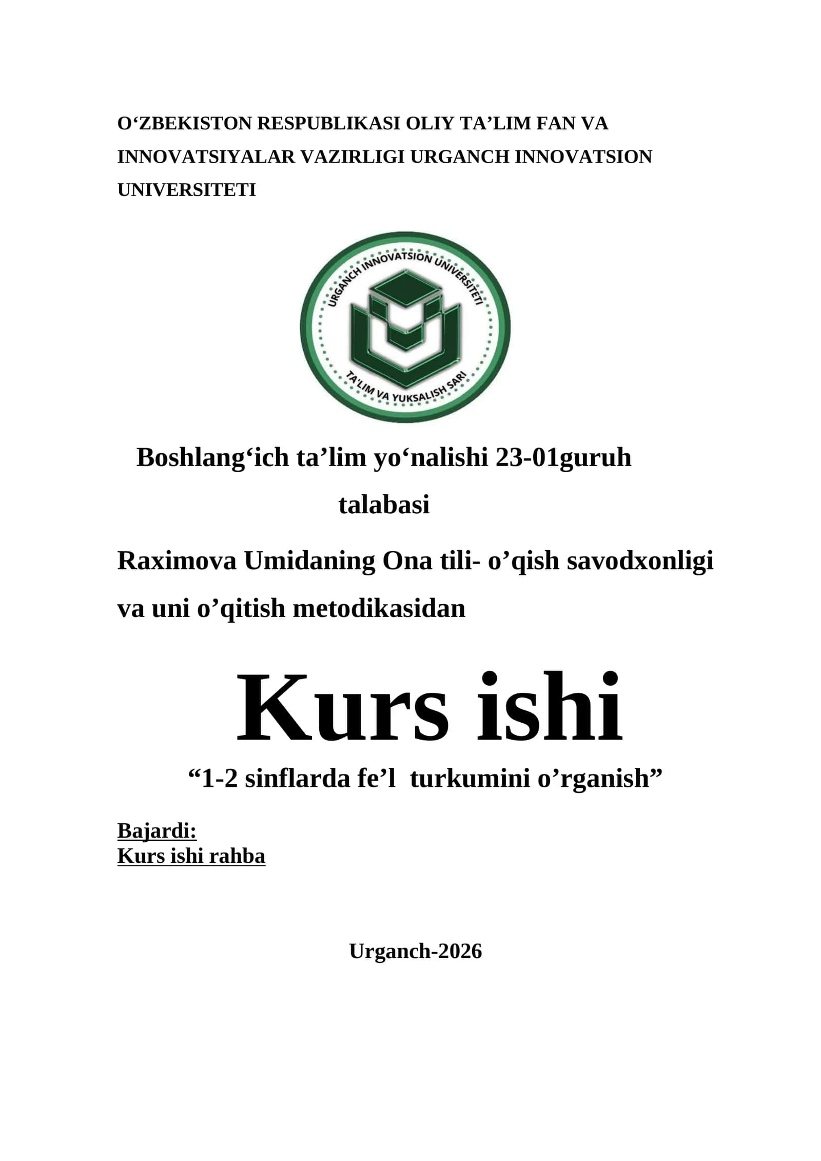 1-2 sinflarda fe’l turkumini o’rganish
