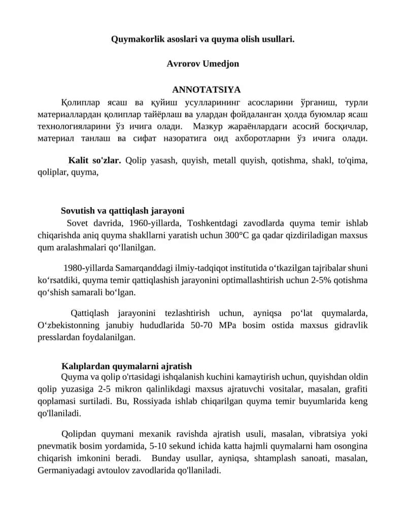 Quymakorlik asoslari va quyma olish usullari