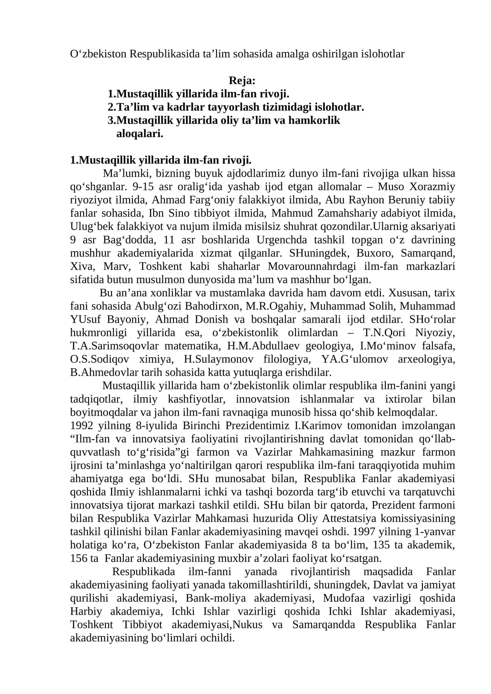 Mustaqillik yillarida ilm-fan rivoji