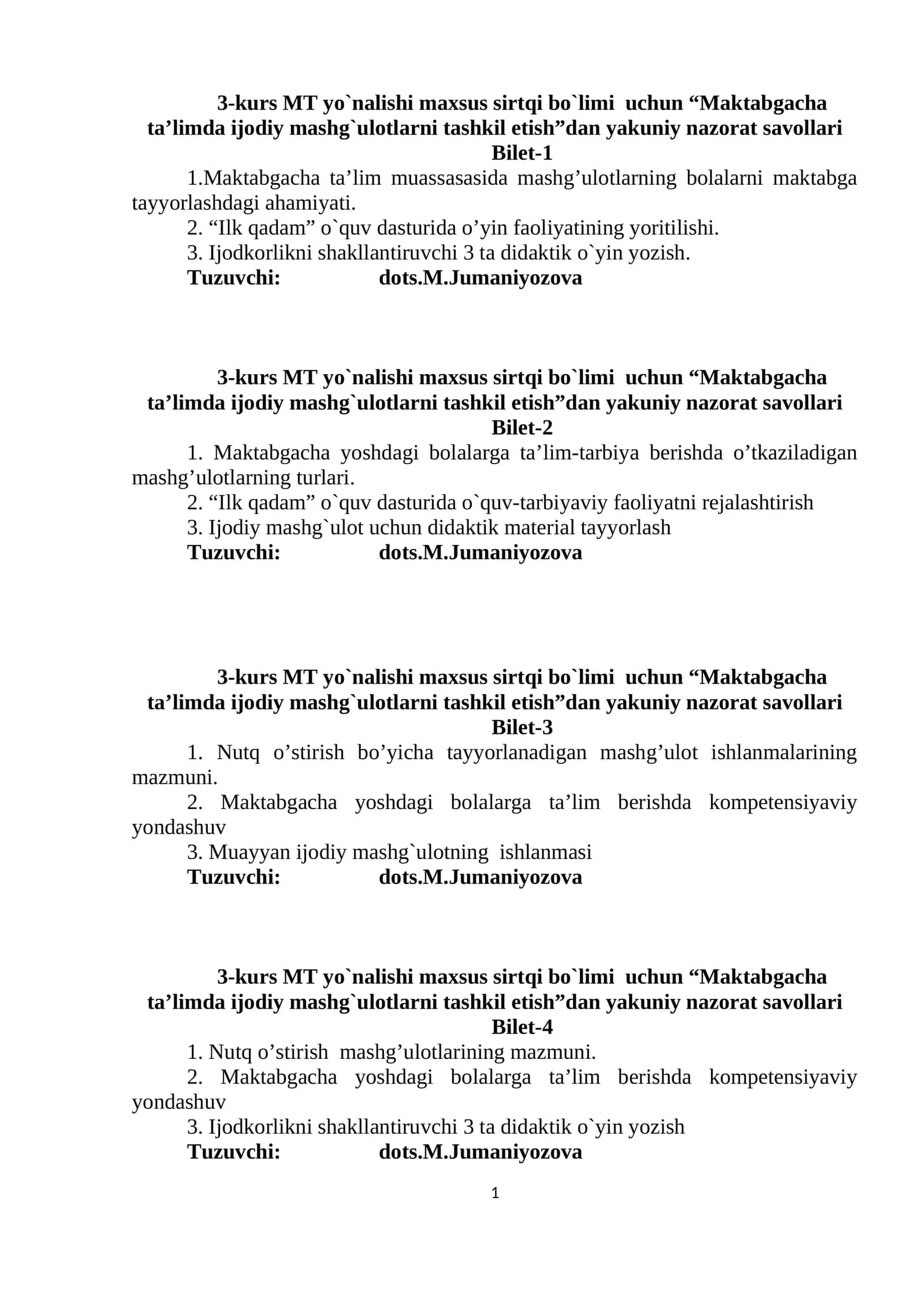 Maktabgacha ta’limda ijodiy mashg`ulotlarni tashkil etish