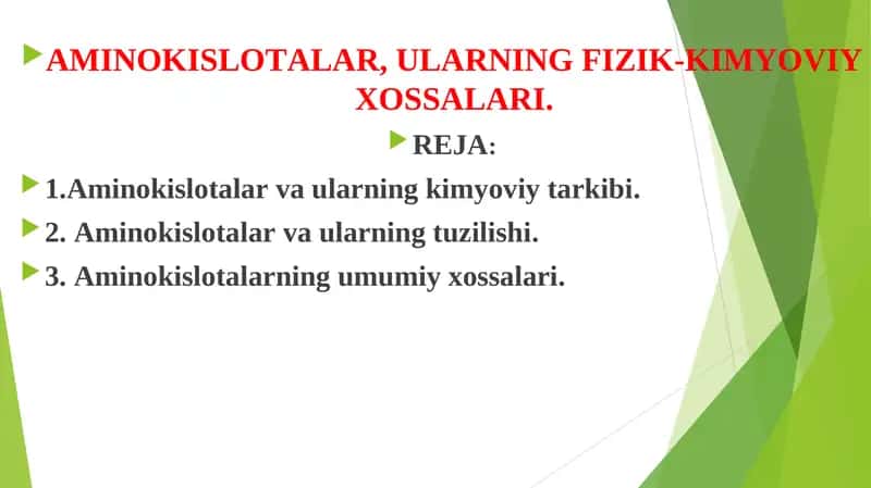 AMINOKISLOTALAR, ULARNING FIZIK-KIMYOVIY XOSSALARI.