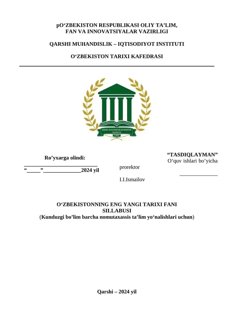 O‘ZBEKISTONNING ENG YANGI TARIXI FANI SILLABUSI