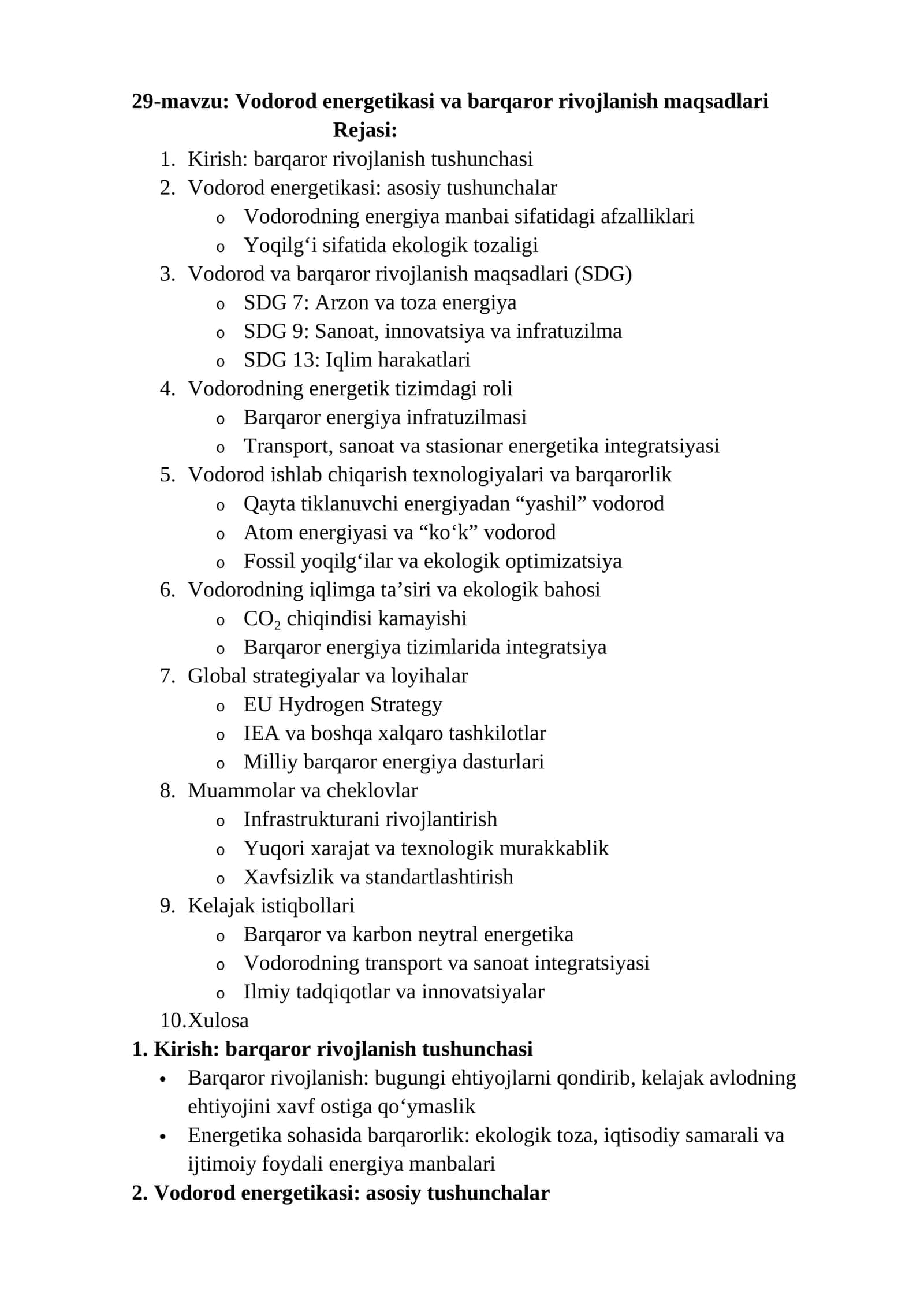 Vodorod energetikasi va barqaror rivojlanish maqsadlari