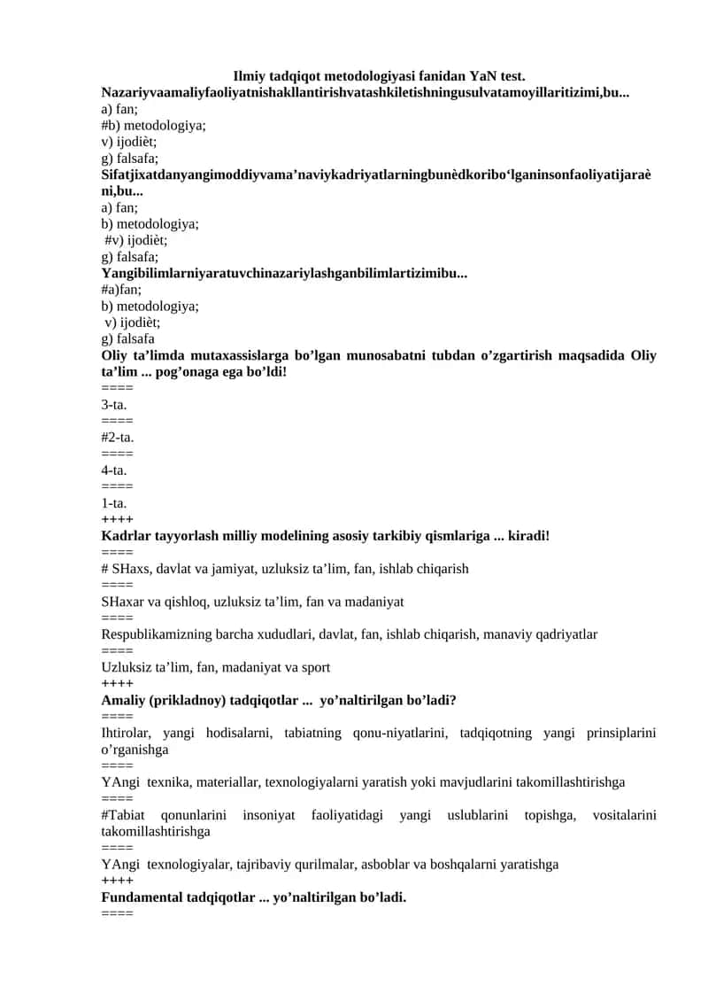 Ilmiy tadqiqot metodologiyasi fanidan YaN test.