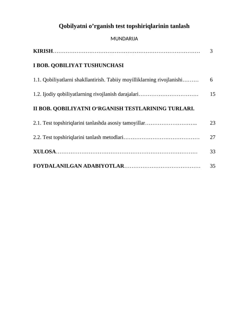 Qobilyatni o'rganish test topshiriqlarinin tanlash