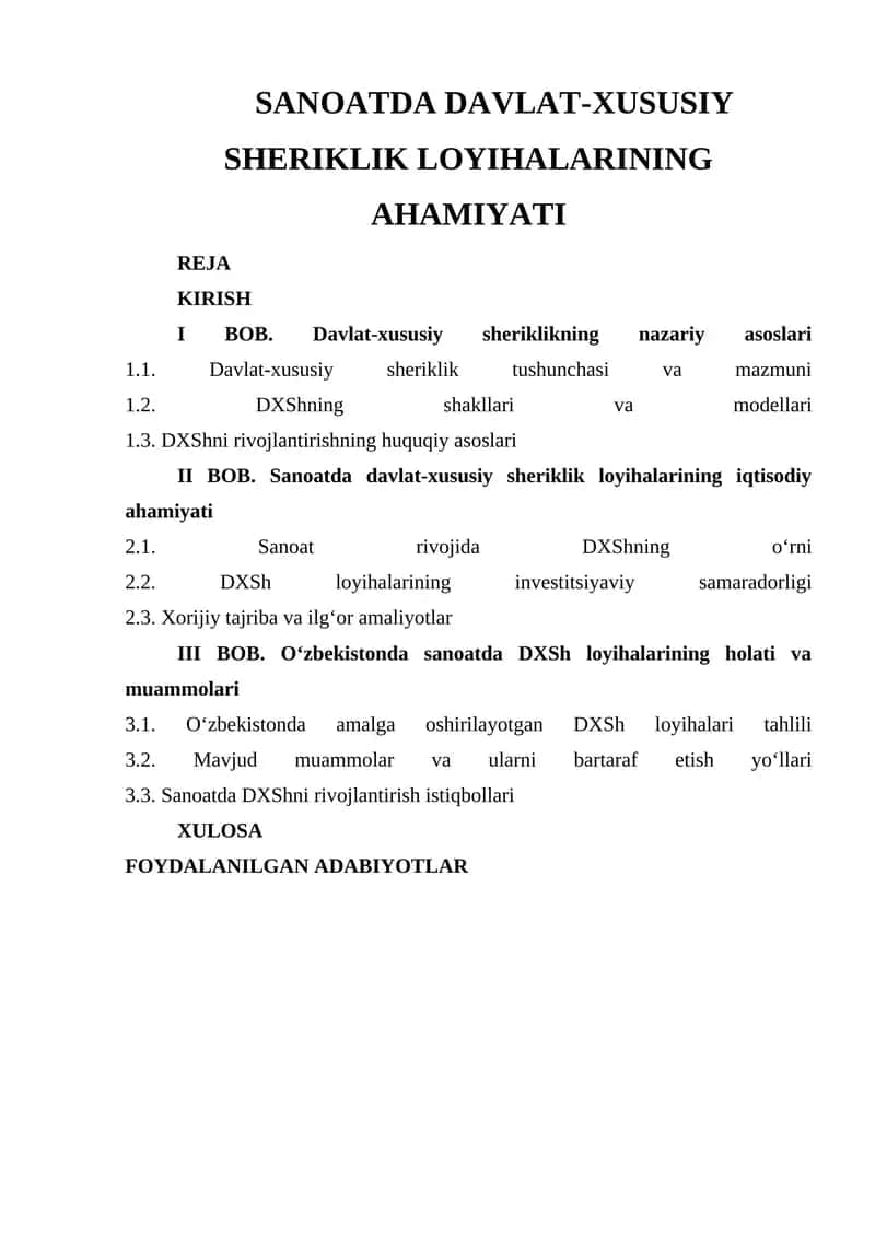 SANOATDA DAVLAT-XUSUSIY SHERIKLIK LOYIHALARINING AHAMIYATI