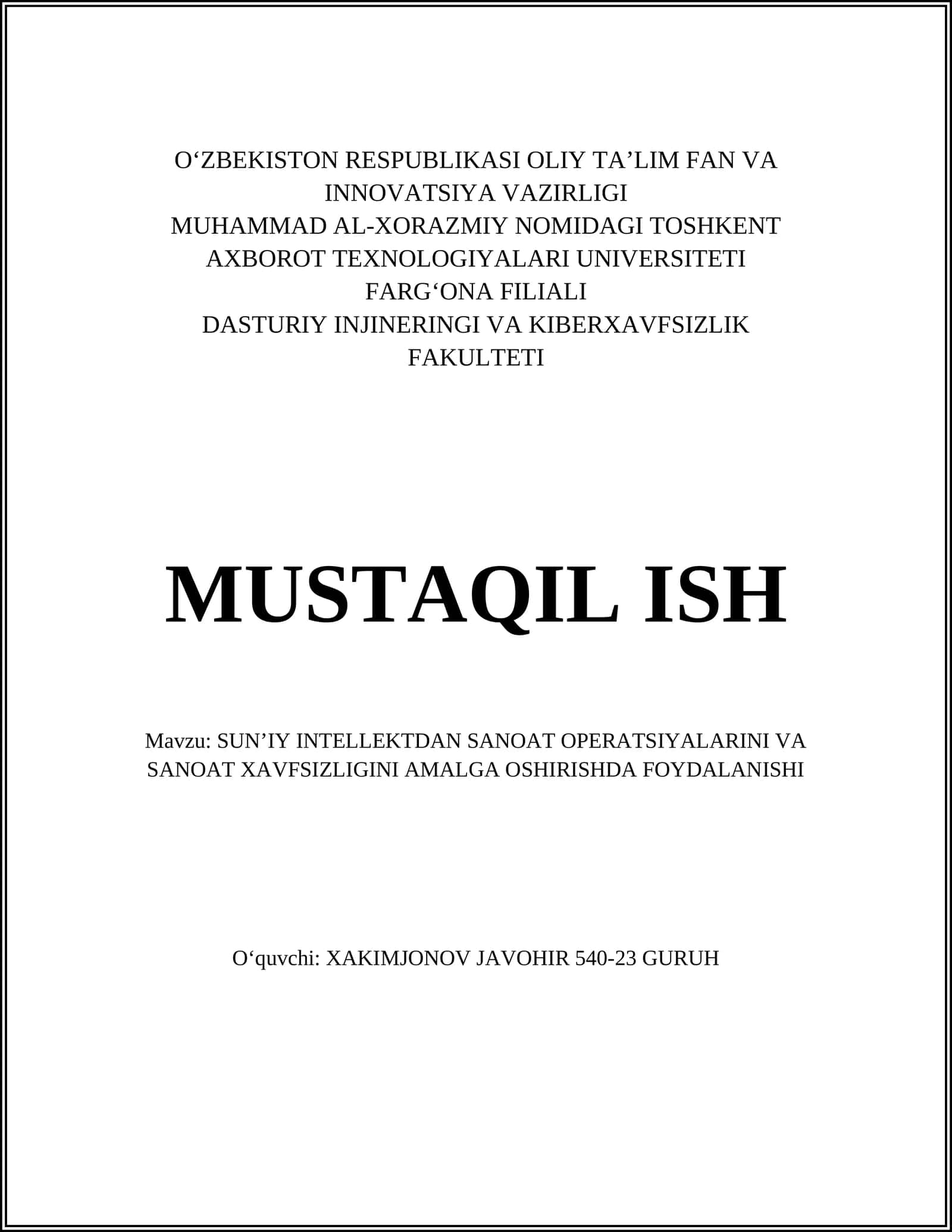 SUN’IY INTELLEKTDAN SANOAT OPERATSIYALARINI VA SANOAT XAVFSIZLIGINI AMALGA OSHIRISHDA FOYDALANISHI