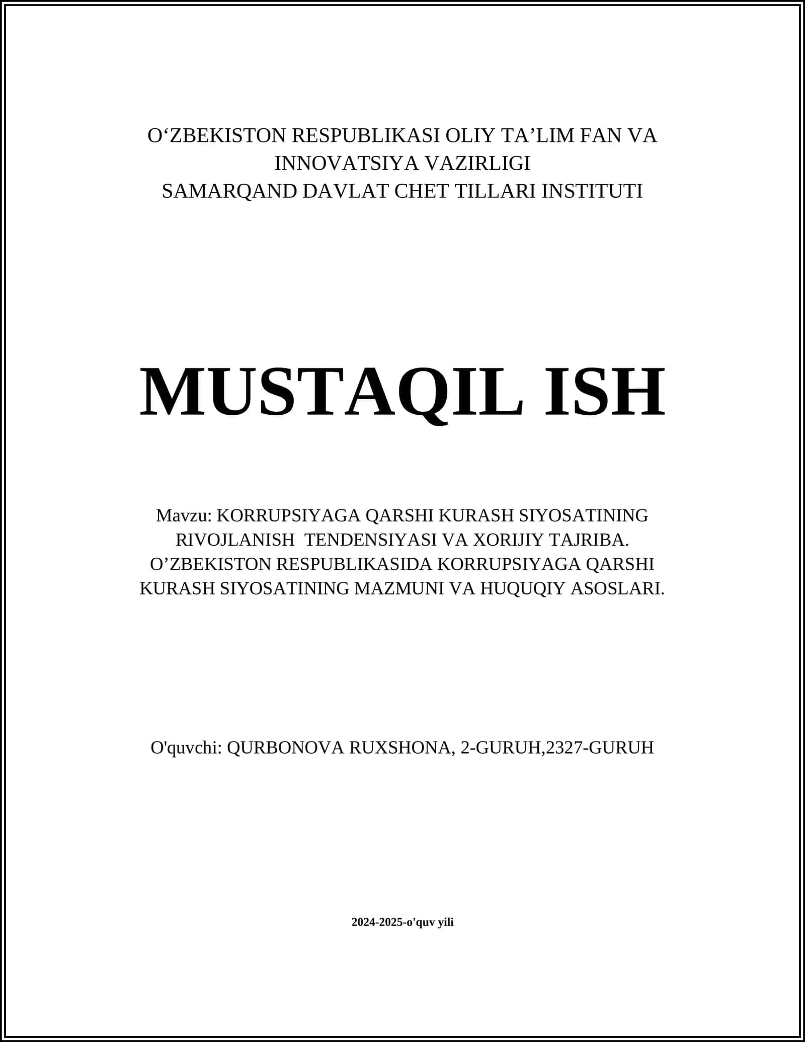 KORRUPSIYAGA QARSHI KURASH SIYOSATINING RIVOJLANISH TENDENSIYASI VA XORIJIY TAJRIBA
