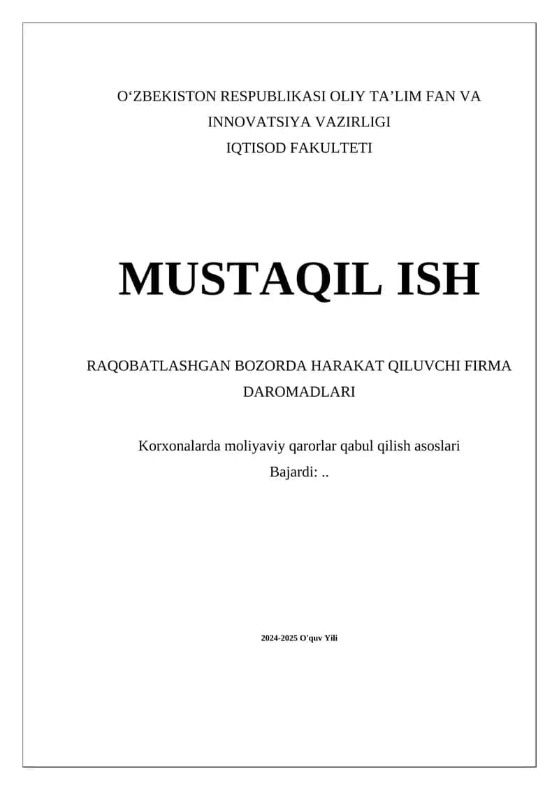 Raqobatlashgan bozorda harakat qiluvchi firma daromadlari mavzusi