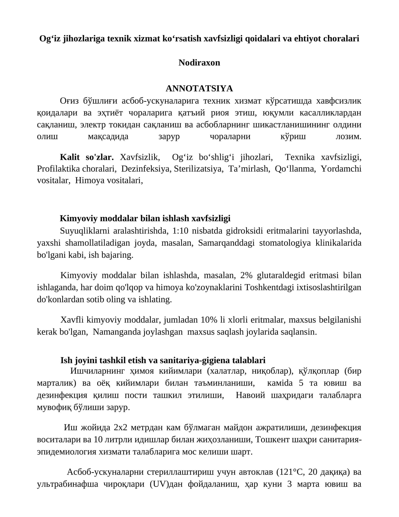 Ogʻiz jihozlariga texnik xizmat koʻrsatish xavfsizligi qoidalari va ehtiyot choralari