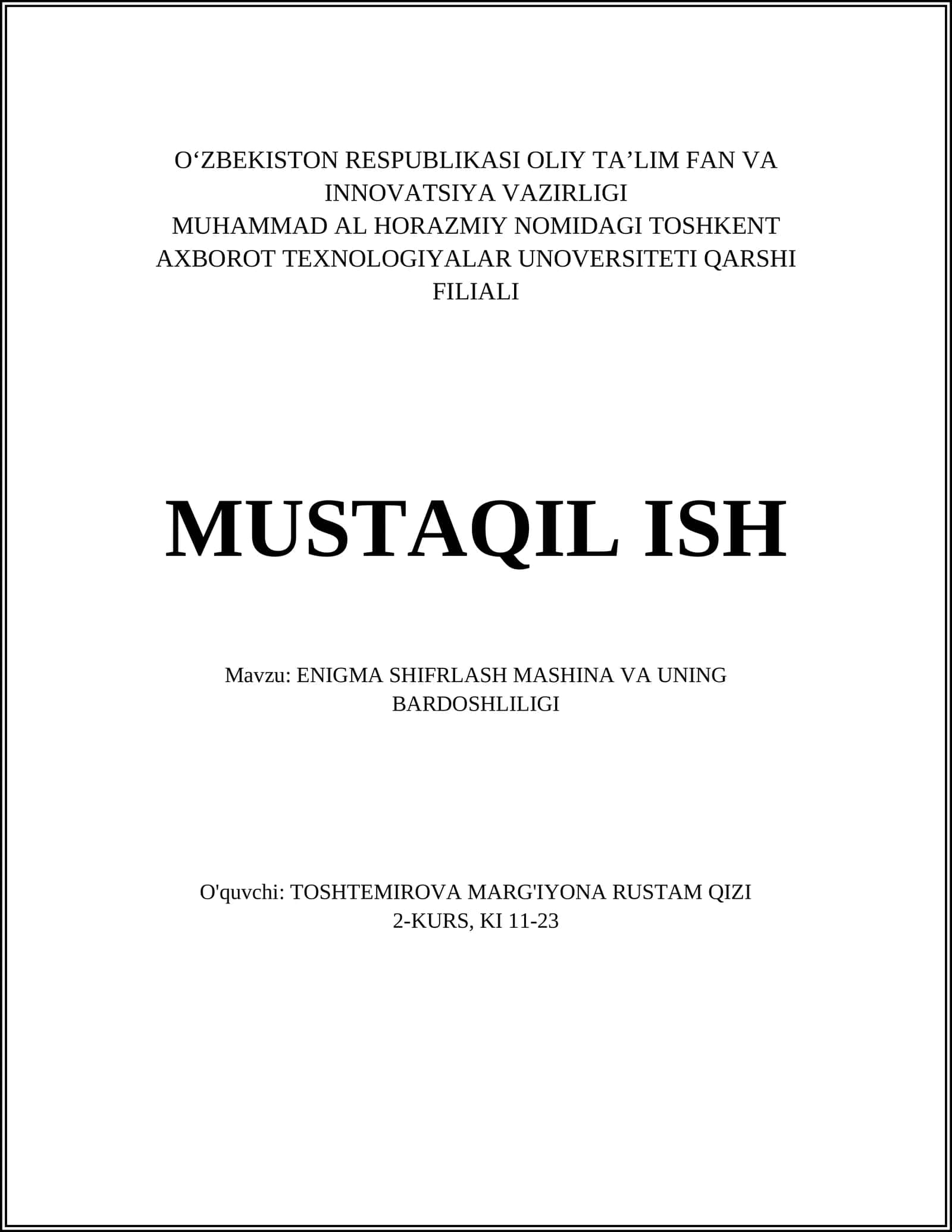 ENIGMA SHIFRLASH MASHINA VA UNING BARDOSHLILIGI