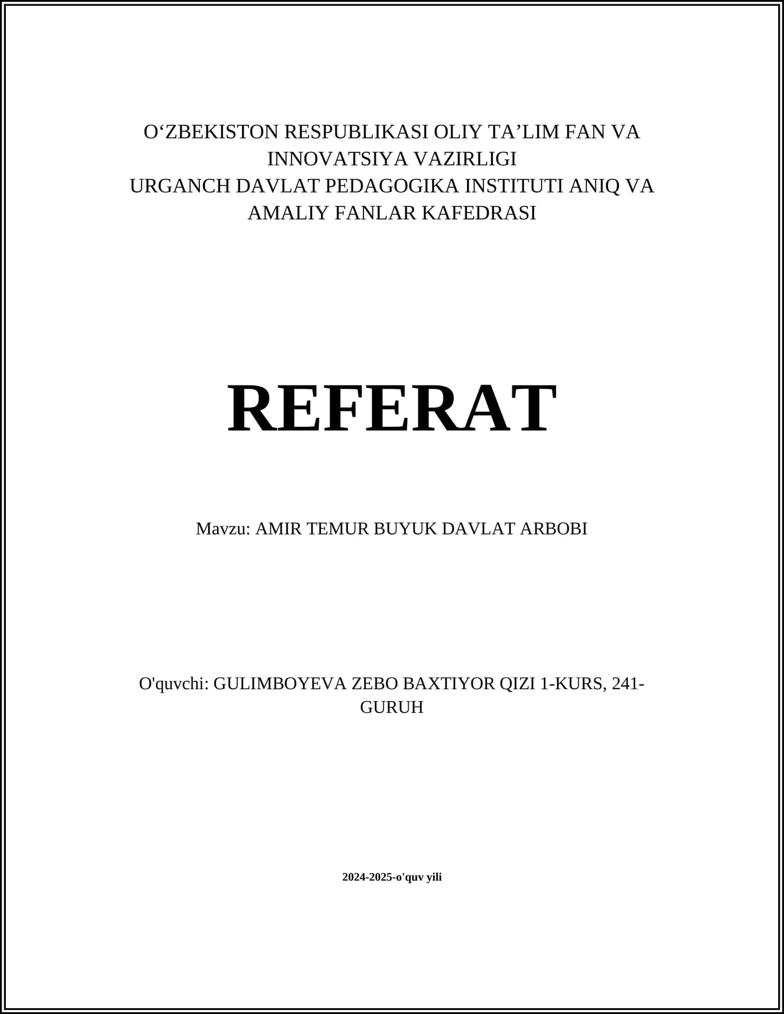 AMIR TEMUR BUYUK DAVLAT ARBOBI