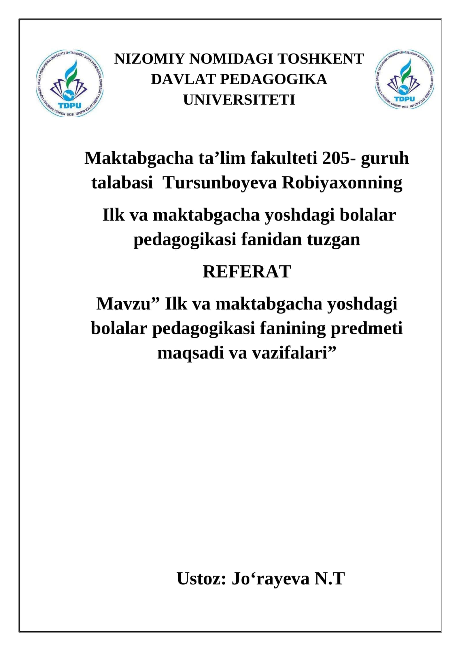 Ilk va maktabgacha yoshdagi bolalar pedagogikasi fanining predmeti maqsadi va vazifalari